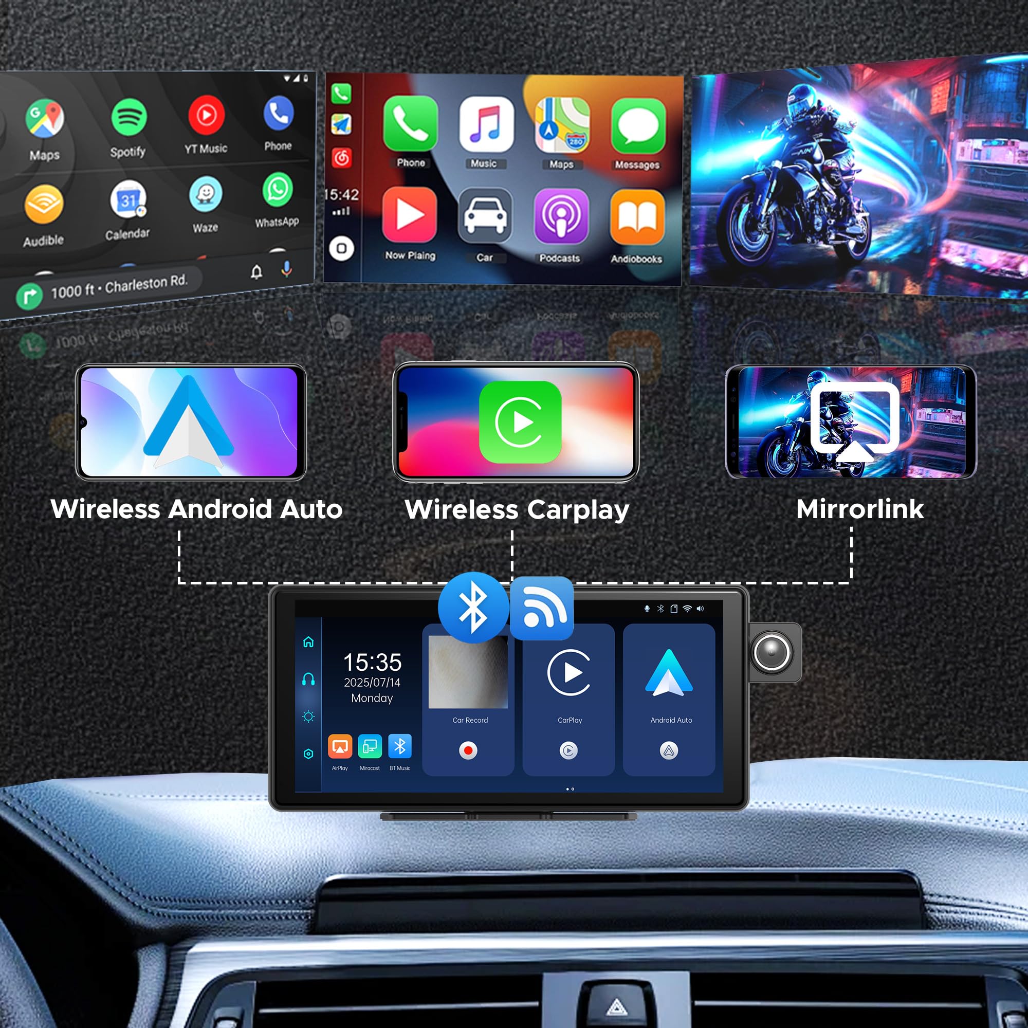 Autoradio 11.36" sans Fil Carplay Android Auto Airplay Caméra Dash Cam 4K avec Caméra de Recul,IPS Écran Tactile, Enregistrement en Boucle,Navigation GPS,Bluetooth,FM,AUX