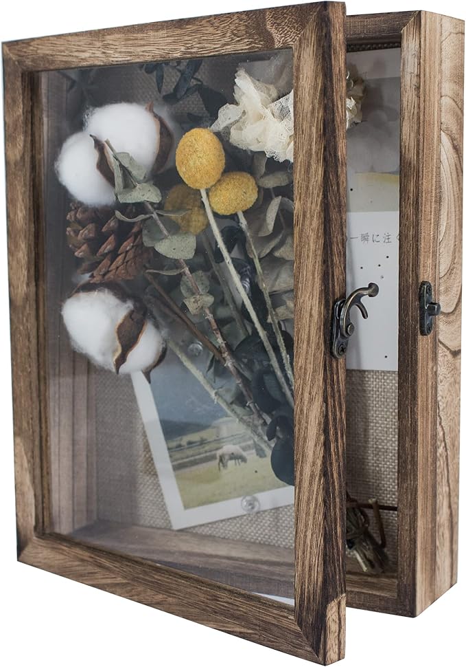 GraduationMall 8x10 Shadow Box Frame Solid Wood Glass Door Display Case with Linen Back and 6 Stick Pins,1.5 inches Interior Depth,Ideal for Memorabilia Pictures Flowers Medals Tickets