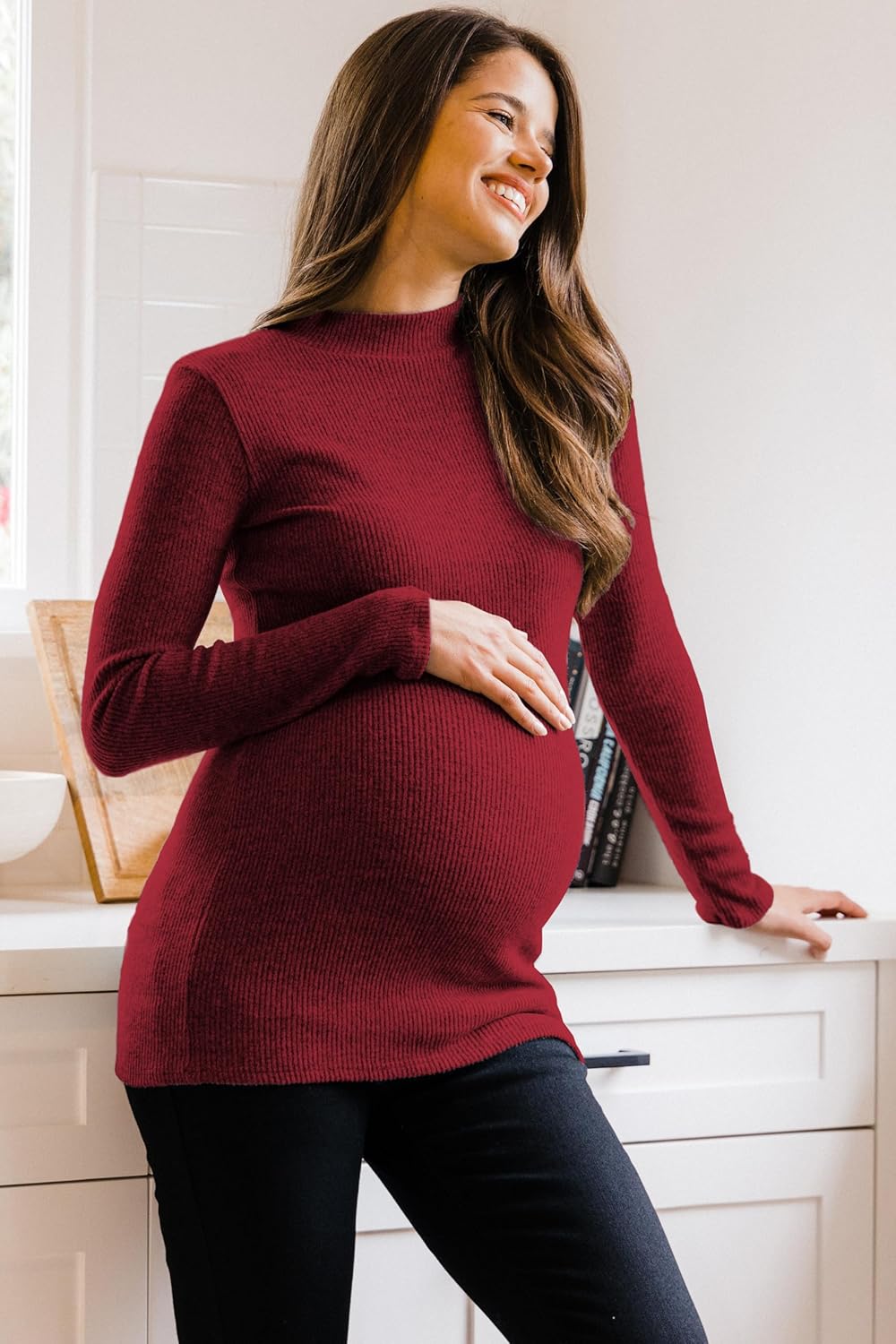 Women's Knit Ribbed Maternity Top with Mock Neck Long Sleeve - Image 3