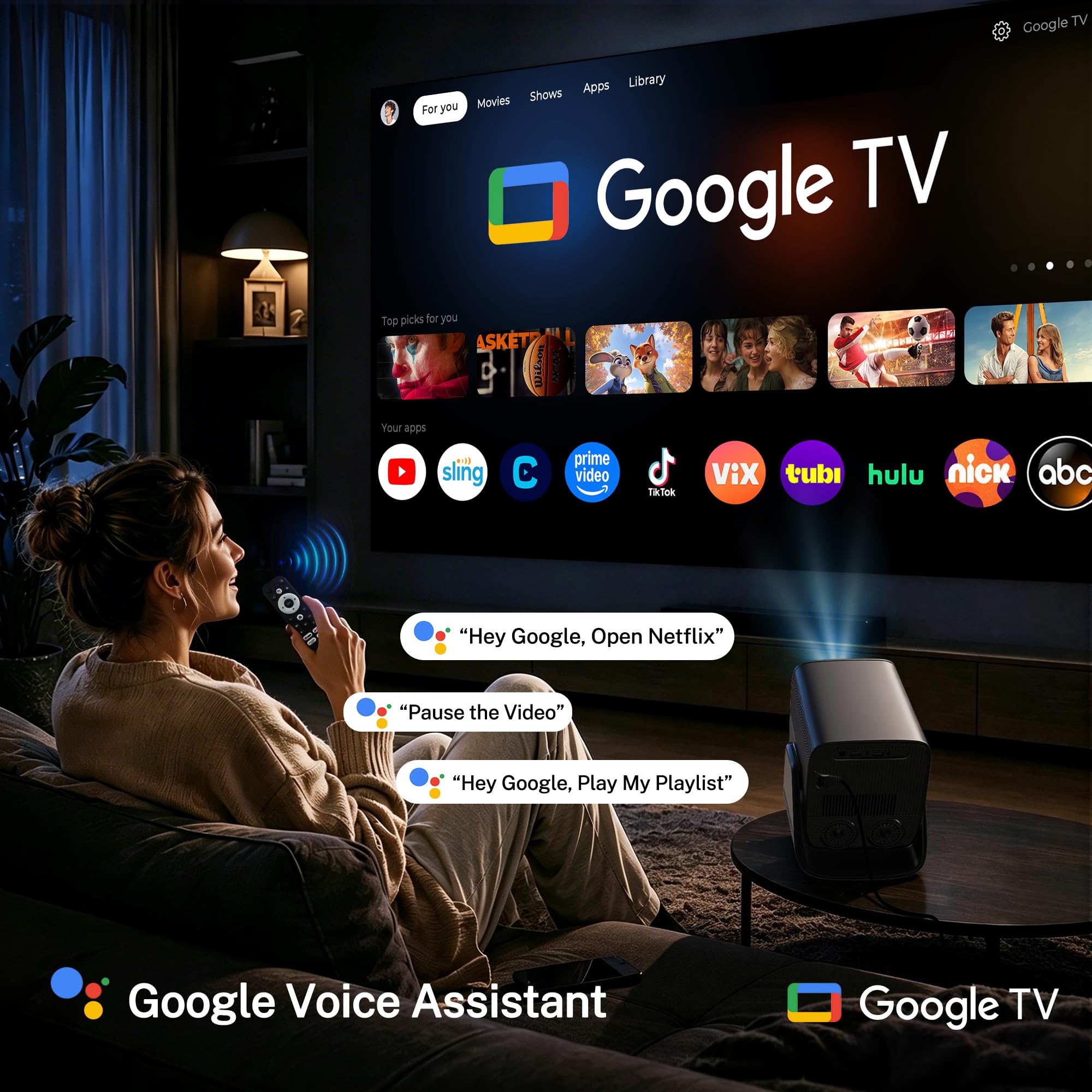 Proiettore Smart GTV 4K Support 2000 ANSI 1080P Nativo Autofocus AI HDR10 | Proiettore Portatile con Controllo Vocale, Messa a Fuoco Automatica IA, Dolby Audio 36W, Wi-Fi e Bluetooth