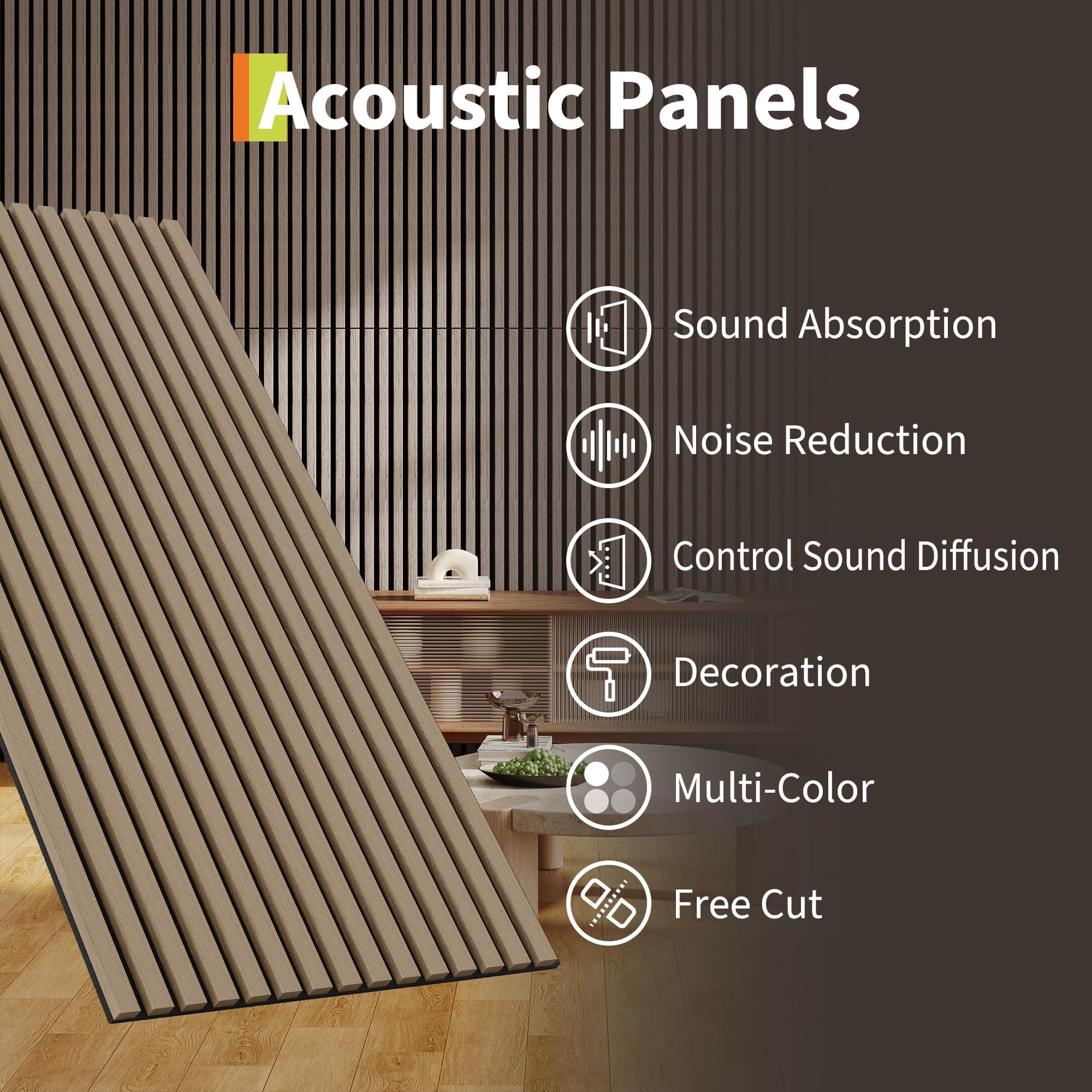 IDEALHOUSE Panel Acústico de Listones de Madera 3D, Absorción Profesional de Sonido, Decorativo para Pared y Techo, Fácil Instalación, Acabado Roble Natural, 2PCS 120x60cm