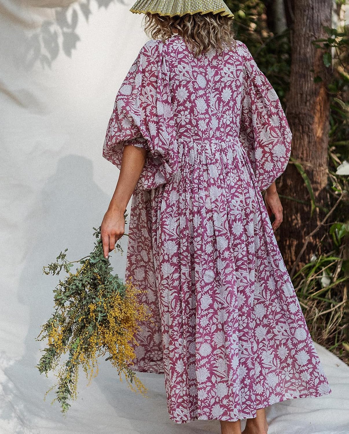 Casual Summer Dresses for Women Swing Floral Half Open Collar Boho Puff Sleeve Loose Midi Beach Dress - Image 6