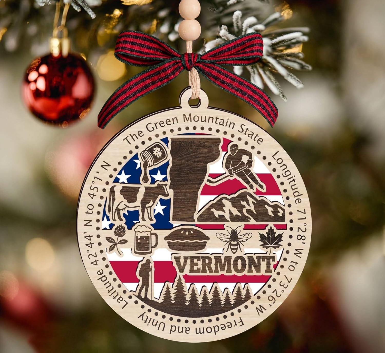 Vermont State Wooden Ornament - States Christmas Ornaments - Vt State - Moving to Vermont Gift - First Christmas to Vt - 2 Layer Ornament Wooden 4Inch