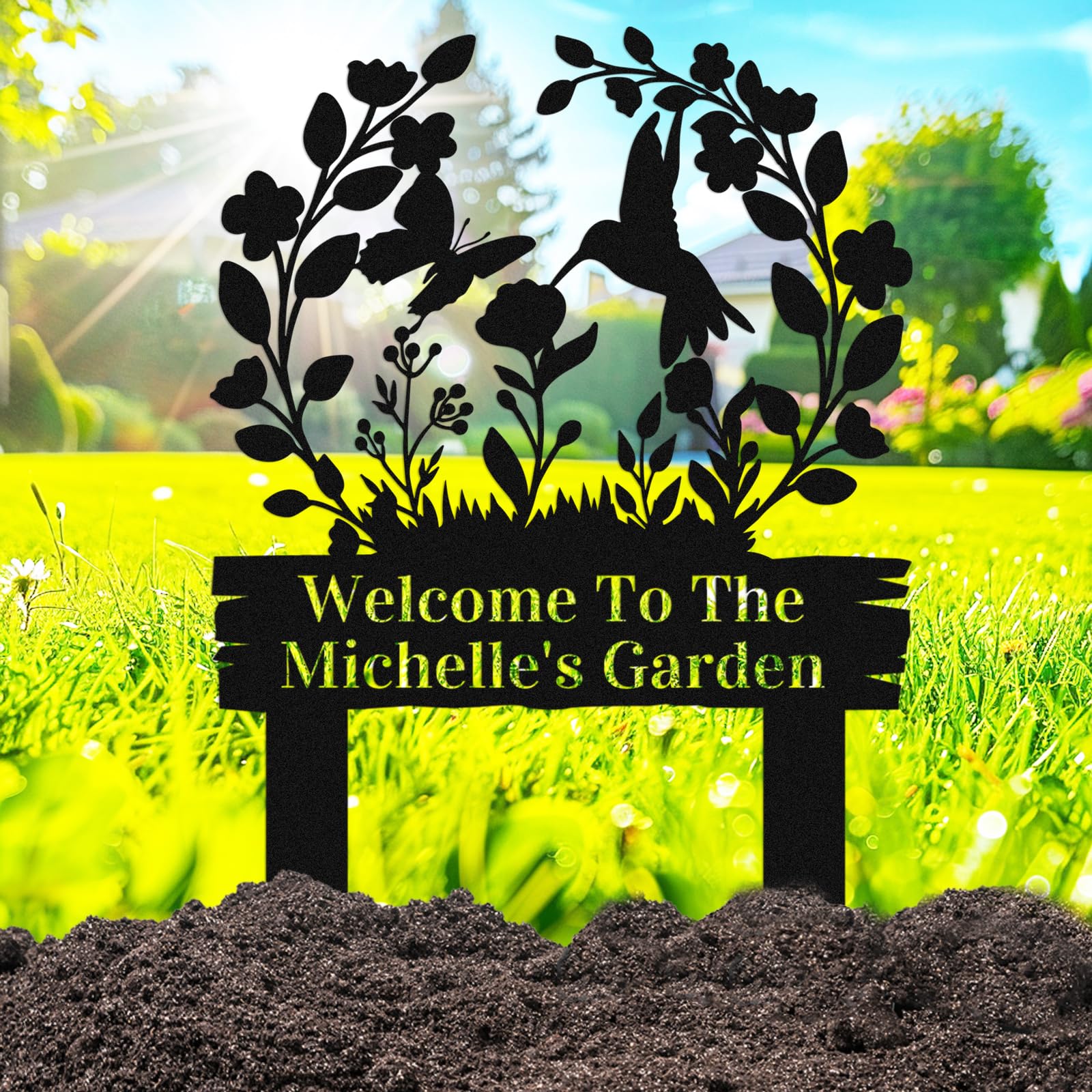 Adthyuxq Bird Custom Flowers Butterfly & Garden Sign With Stakes, Personalized Floral Animals Garden Stake Metal Yard Sign, Customized Flower Metal Art Yard Plaque Lawn Sign