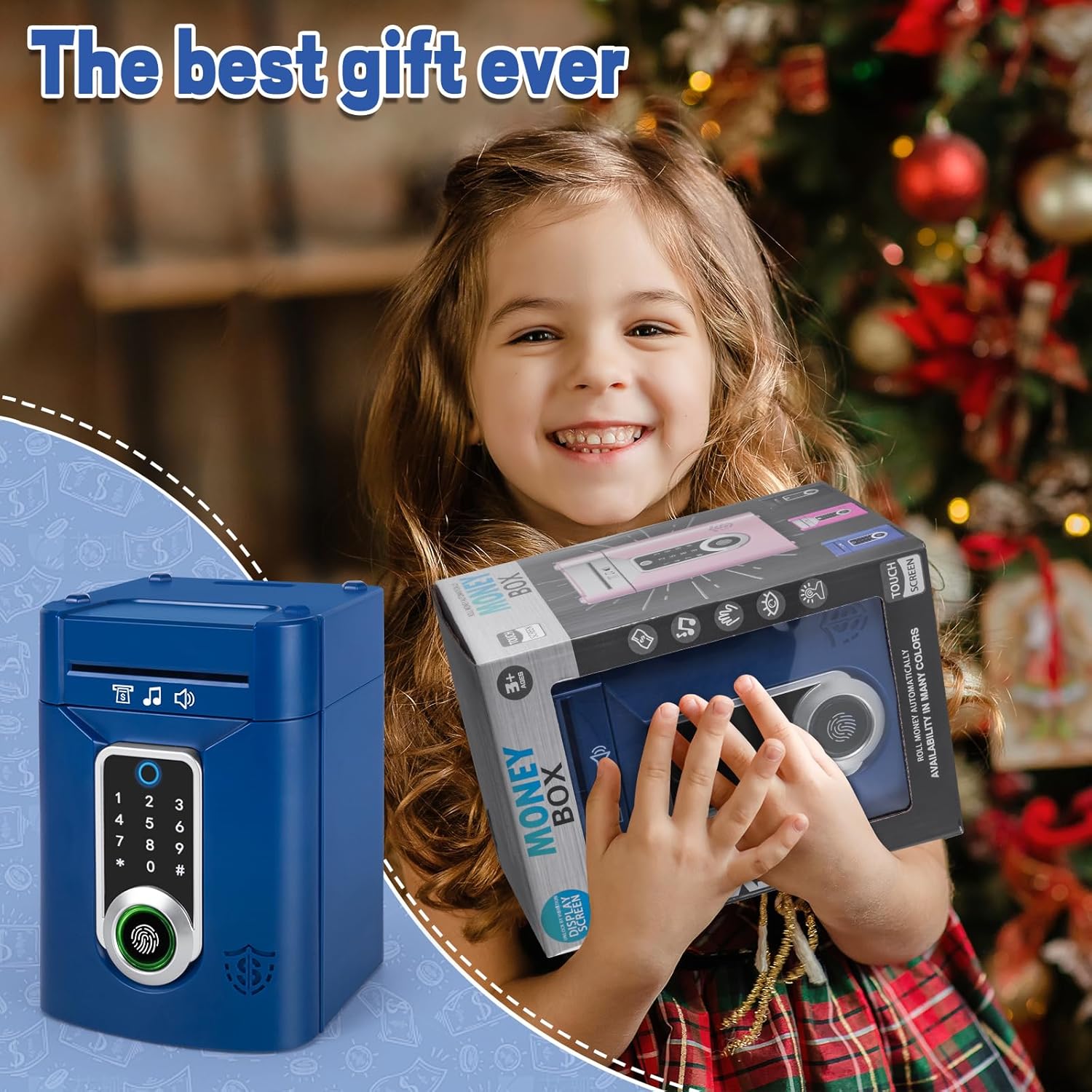 Refasy Piggy Bank for Kids, Electronic Money Bank Kids Piggy Bank for Boys Toys Touchscreen ATM Piggy Banks Money Saving Box for Boys Girls Gifts Toys Coin Bank with Music(Blue)