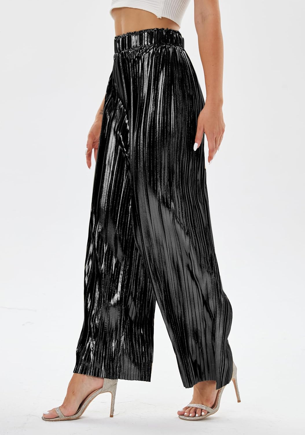 heipeiwa Women's Shiny Pleated Wide Leg Pants Party Nightout High Waist Trouser Folded Lightweight Outfit Clubwear - Image 2