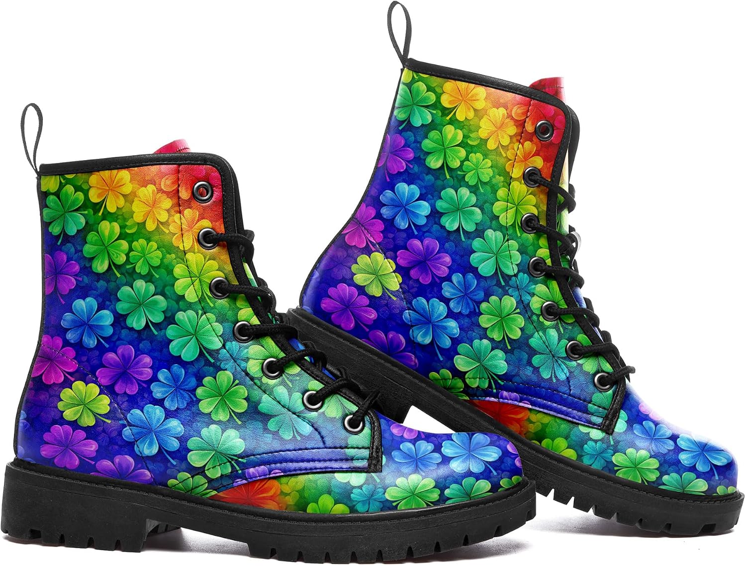 St. Patrick’s Day Ankle Boots for Men Women Green Lucky Clover Print Lace-Up Boots Waterproof Stylish Combat Booties