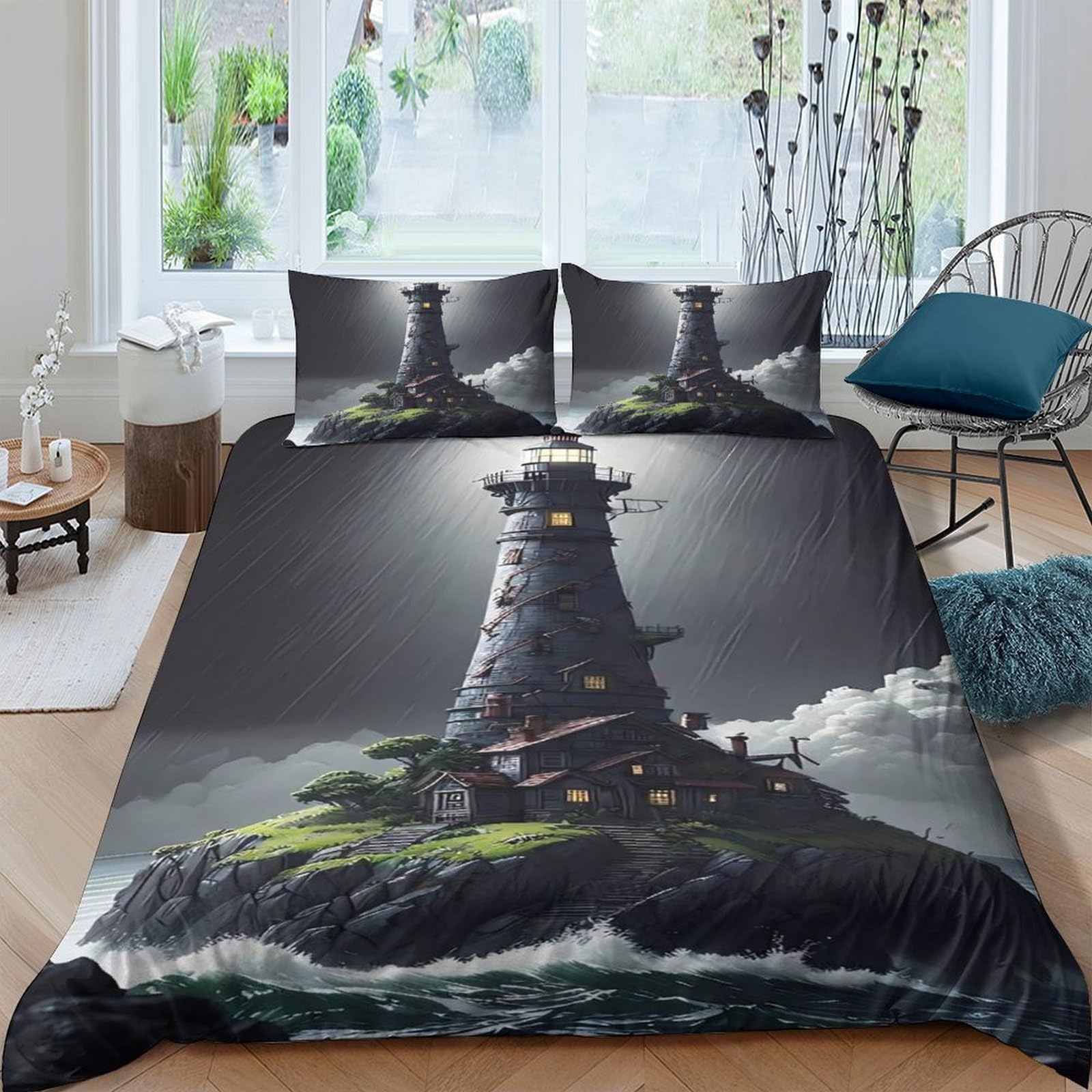 TUFRTGYHN 3D Printed Dark Lighthouse Duvet Cover Microfiber Soft Breathable Stormy Coast Bedding Set with 2 Pillowcases for Bedroom Decor Single（135x200cm）