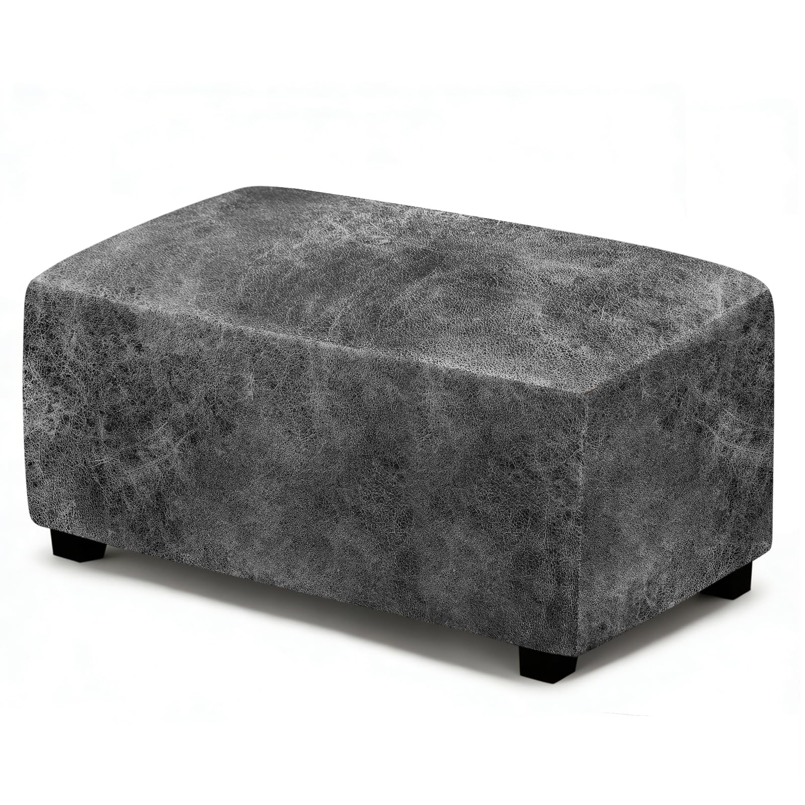 ANARACHON Leather Like Ottoman Cover, Stretch Small Square Ottoman Covers, Rectangular Ottoman Slipcovers with Removable Washable Non-Slip Elastic Bottom for Footstools (02 Light Grey, Large)