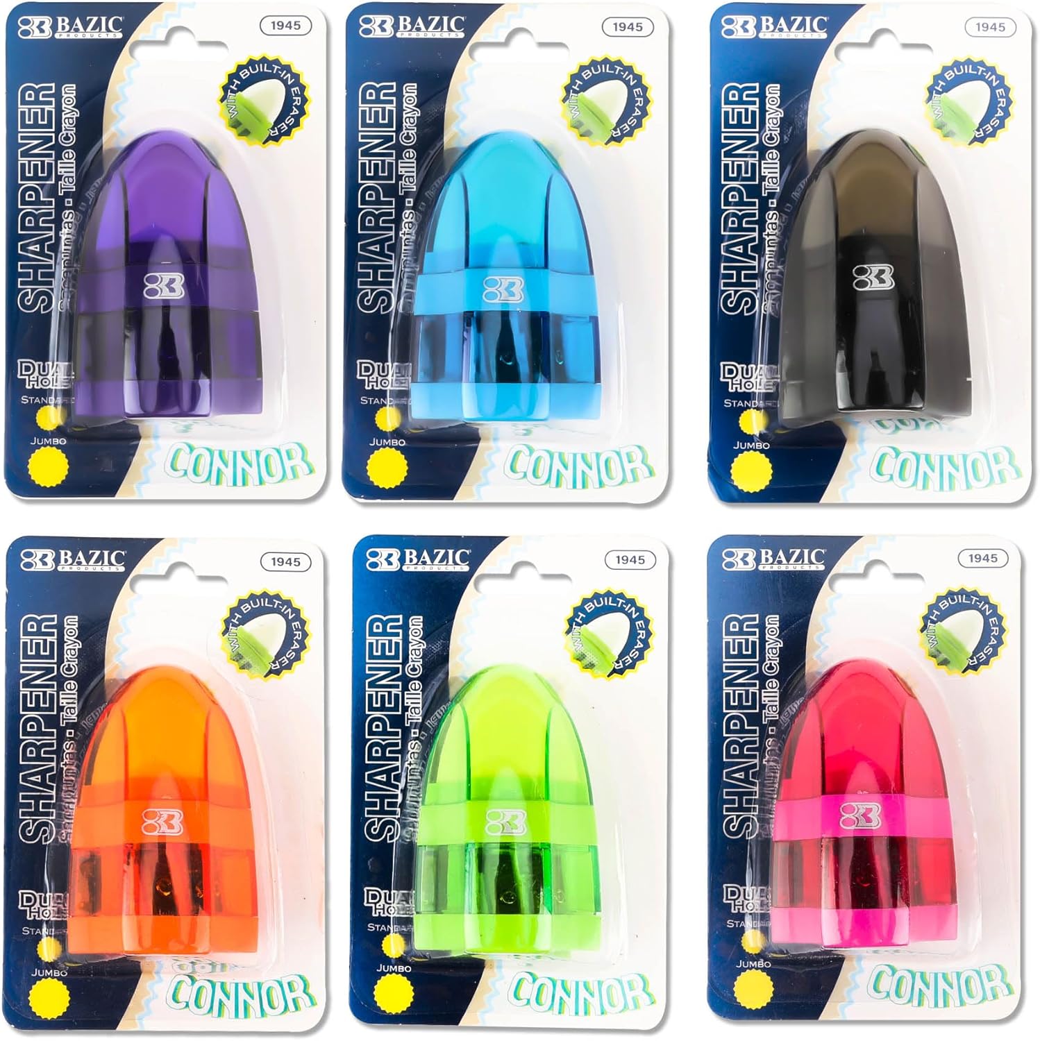 BAZIC Products Manual Pencil Sharpeners & Eraser, 24 Pack, Colorful 2 Sharpening Holes Sharpener with Eraser, Dual Hole Compact Small Handheld Pencil Sharpener, School Office Art Supplies