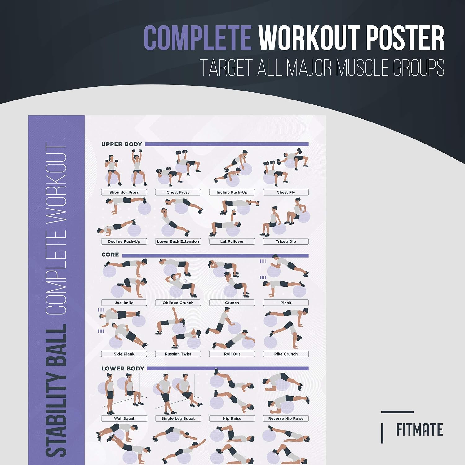FitMate Stability Ball Workout Exercise Poster - Workout Routine with Free Weights, Home Gym Decor, Room Guide (16.5 x 25 Inch) - Image 3