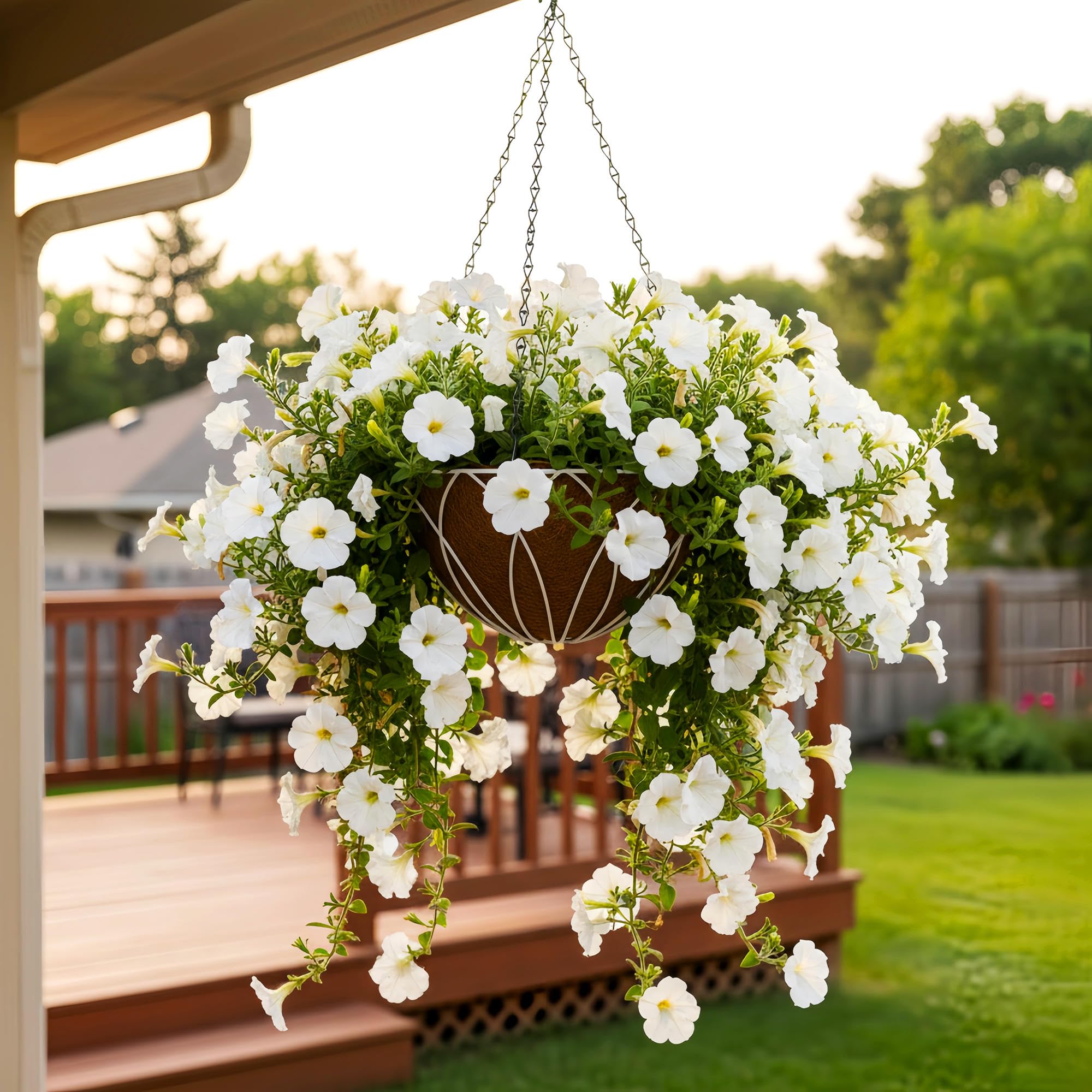 Panier suspendu en métal blanc de 30cm pour fleurir votre balcon et terrasse fleurie
