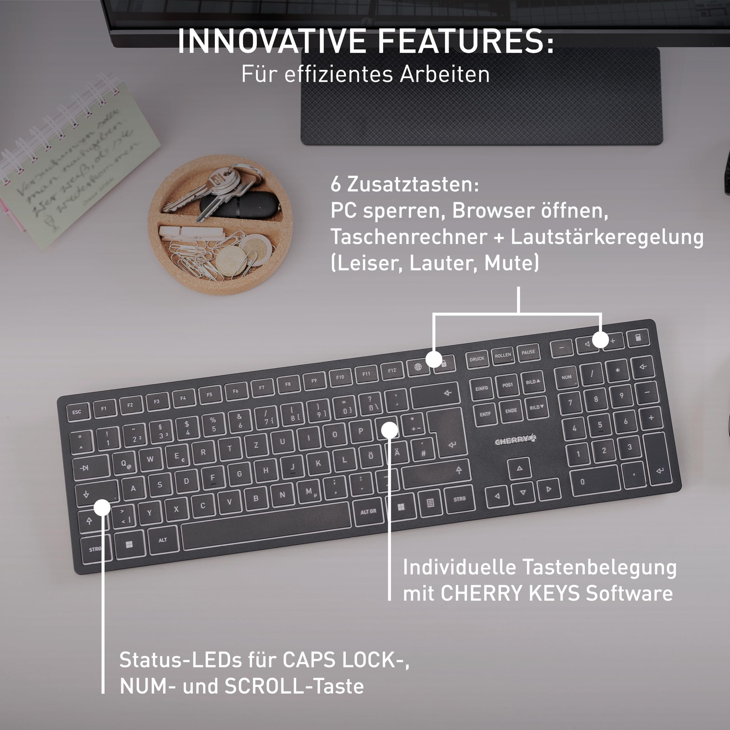 CHERRY KW 9100 Slim, Kabellose Tastatur, Schweiz QWERTZ, Schwarz-Grau | Wireless Verbindung über Bluetooth oder 2,4 GHz Funk mit USB-Dongle, Flaches Design, Leise, 6 Zusatztasten, Wiederaufladbar