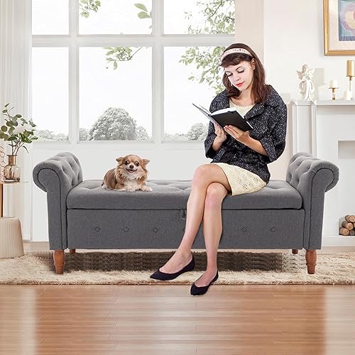 Miniatura 6 de Aoowow Banco de almacenamiento con brazo enrollado, banco otomano de almacenamiento de lino copetudo con brazos, banco de almacenamiento de 62.8