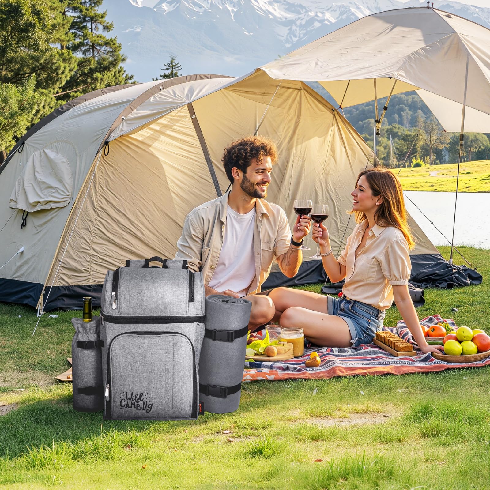 VEVOR Sac à Dos Isotherme pour 4 Personnes, Sac à Dos de Pique-Nique Randonnée Camping, avec Compartiment Isotherme, Porte-Bouteille Amovible, Couverture Légère et Kit Assiettes et Couverts, Gris