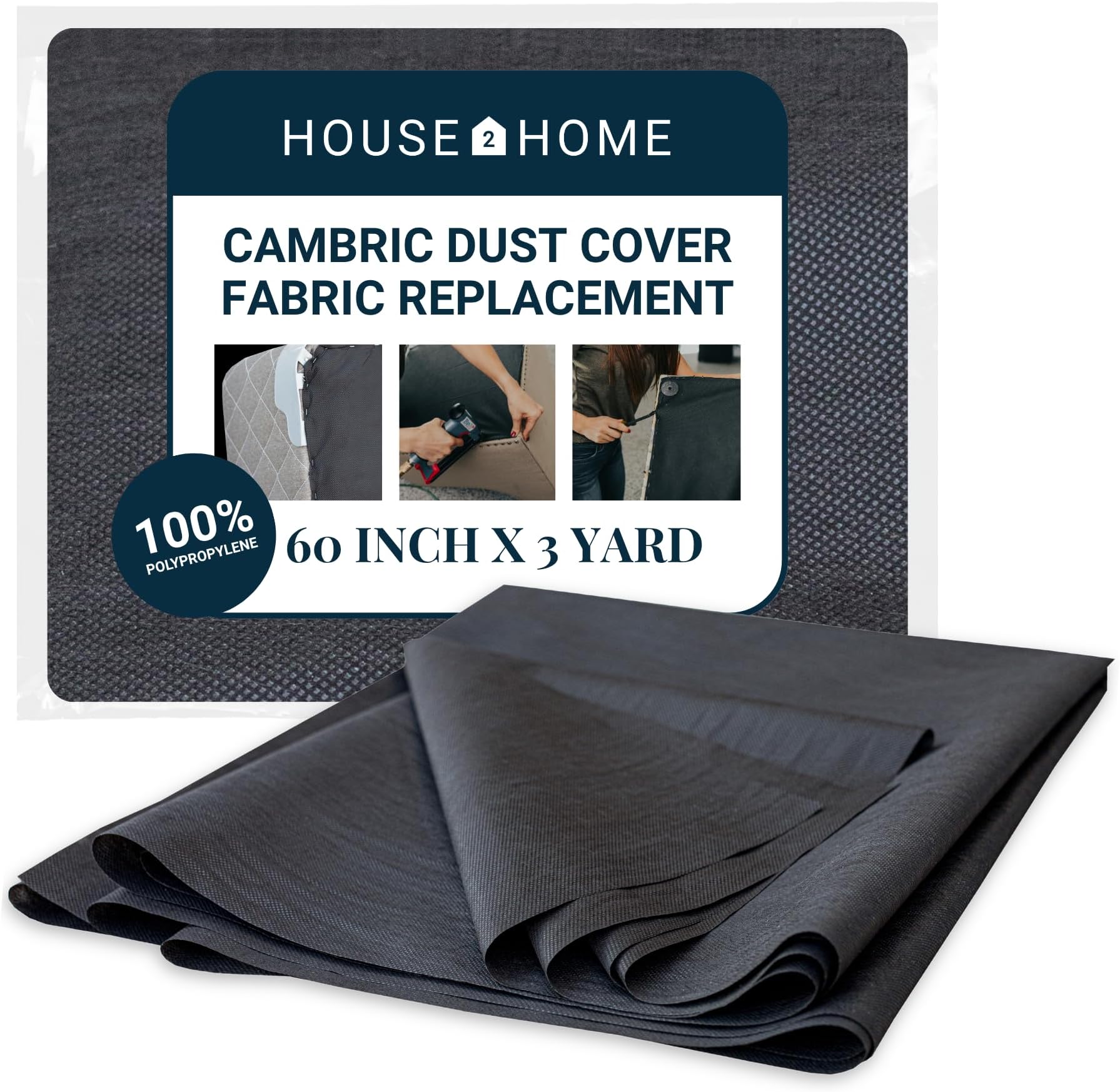 House2Home 60 Inch x 3 Yard Upholstery Black Cambric Dust Cover Fabric Replacement for Sofas, Chairs, Full and Queen Box Spring Foundations, Conceals Frame and Staples Inside Furniture