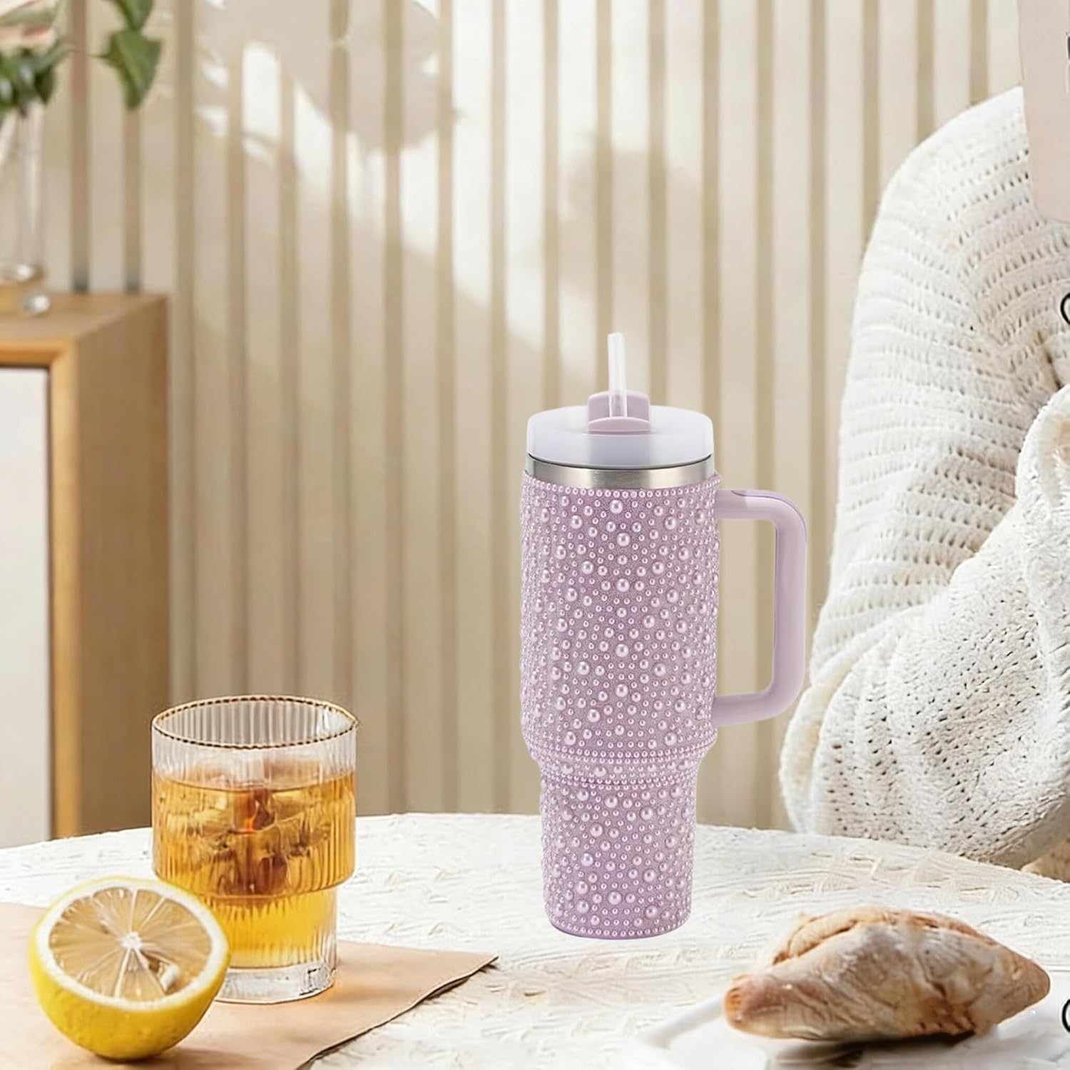 Pearls Bling 40 oz Tumbler with Handle and Straw | Rhinestones 100% Leakproof Stainless Steel Insulated Tumbler with Lid and Straw | Cup Holder Friendly Base -Purple