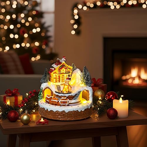 Miniatura 7 de Figuras animadas musicales de pueblo navideño, edificio de casa de jengibre y hombre de jengibre con tren, luces LED y música, funciona con batería