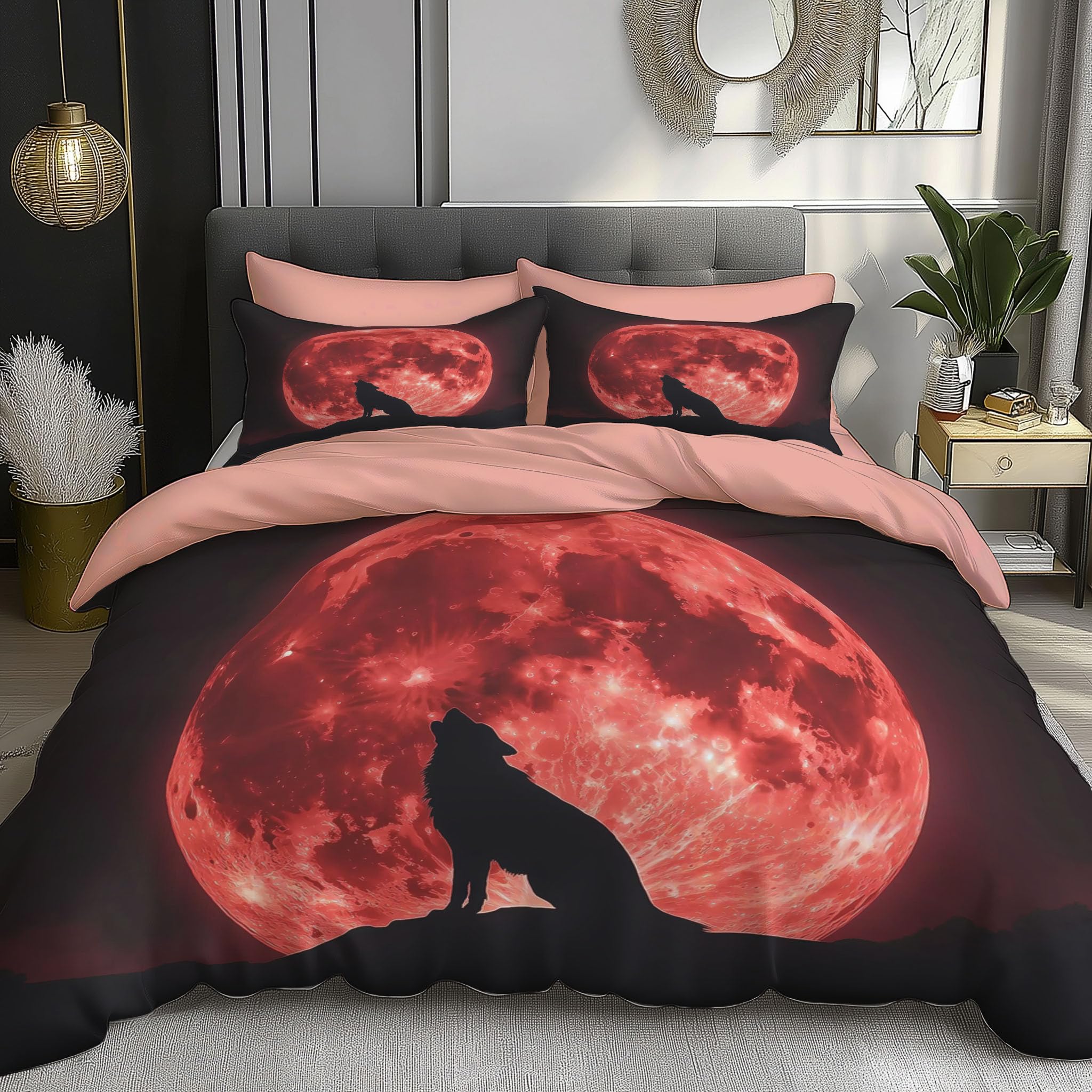 Housse de couette 240x260 respirante et douce motif loup rouge fermeture éclair