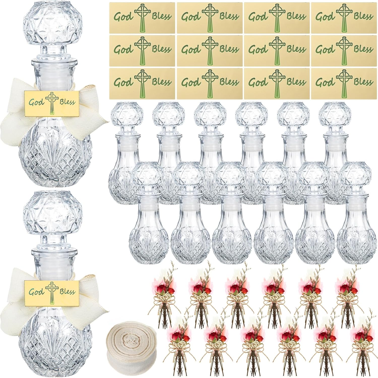 Chuangdi 12 Set Holy Catholic Water Bottles 50ml Christian Water Container with Dried Flower Bouquet God Bless Sign Ruffle Edge Ribbon for Church Baptism Party Favor (Holy Round Bottom Bottles Set)