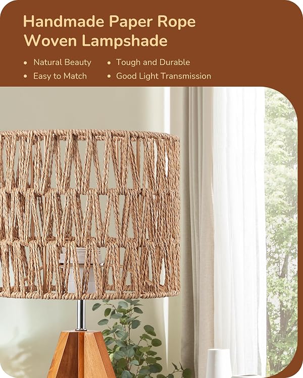 EDISHINE Small Table Lamp Bedside Lamp Nightstand Lamp Boho, Natural Style, Rattan Wood, Tripod, Living Room, End Table, Office, E26 Base by EDISHINE - Image 2