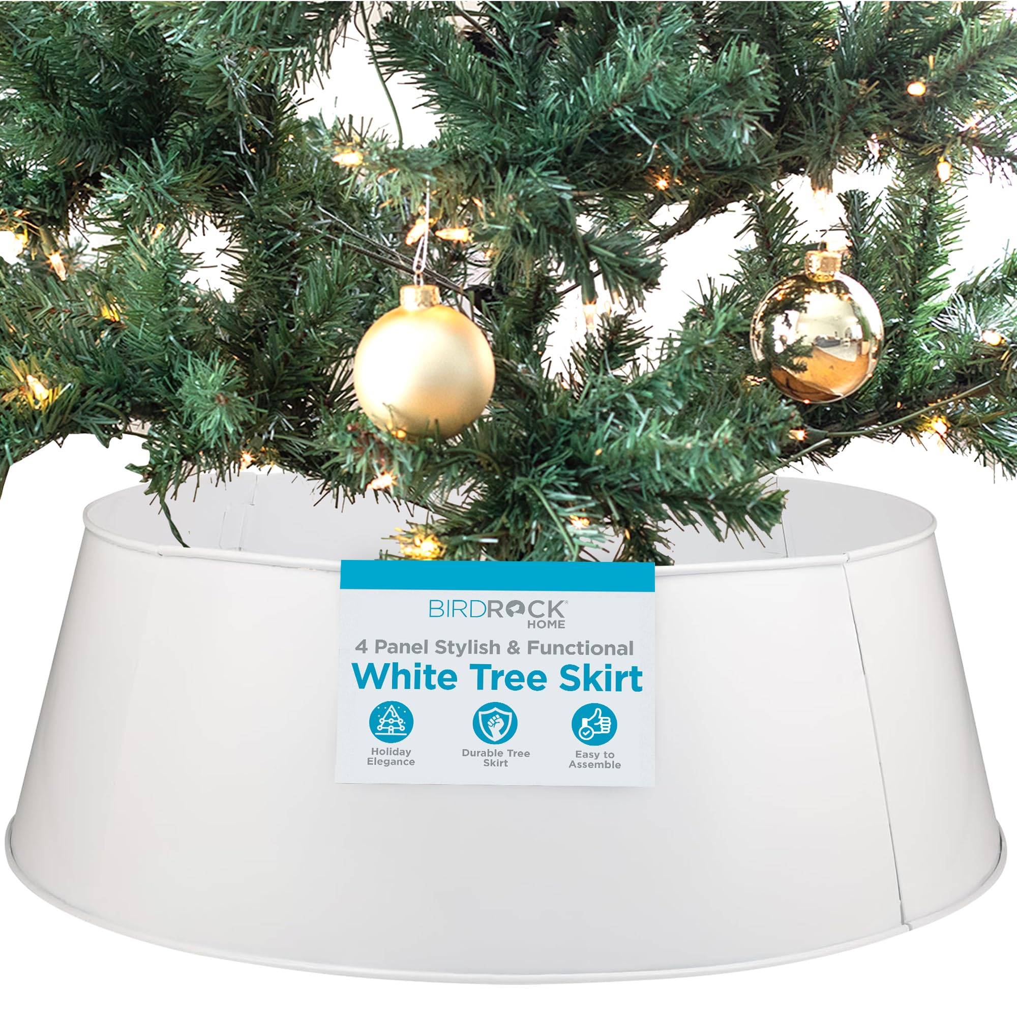 BIRDROCK HOME 4-Panel Christmas Tree Collar - White - Metal Holiday Skirt Decor - Water Base Protection from Pets