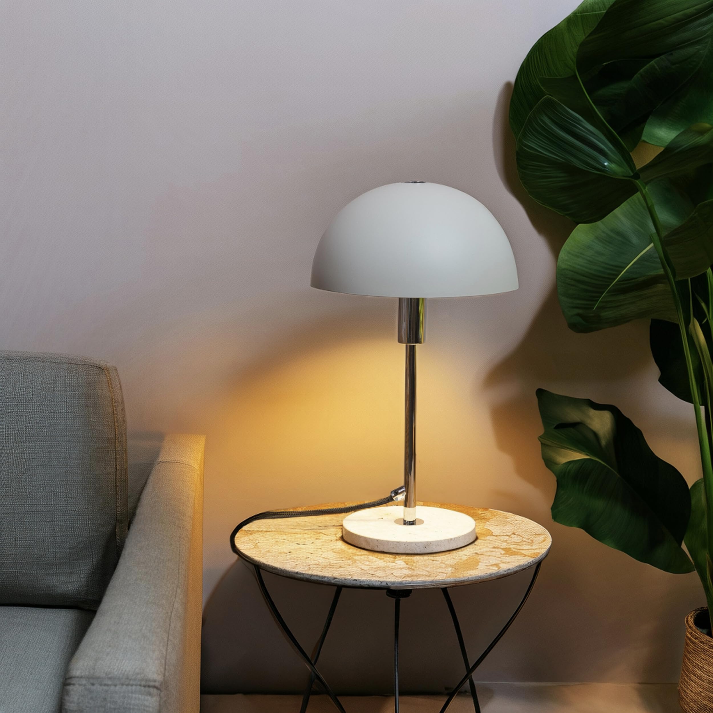 Lightbox Lampa stołowa w kształcie grzybka, wysokość 36 cm, Ø 20 cm, lampa biurkowa z przełącznikiem i podstawą z trawertyny, jako lampka nocna, akcesoria biurowe, wykonana z metalu w kolorze czarnym
