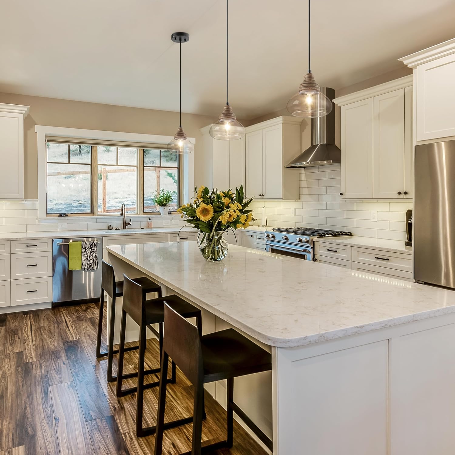 KSANA Pendant Lights Kitchen Island, 1-Light Farmhouse Kitchen Pendant Lighting Over Island, 7.5'' Rustic Wood Pendant Light Fixtures with Clear Glass Shade