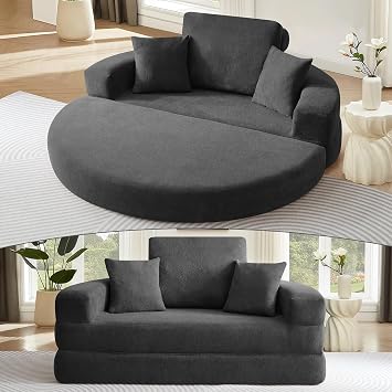 Round Convertible Folding Sofa Bed, Boneless Couch Bed with Wide Armrest and Comfy Pillows, Fold-Out Compressed Floor Couch for Living Room, Apartment, Dorm, Small Spaces, Guest Room, Grey