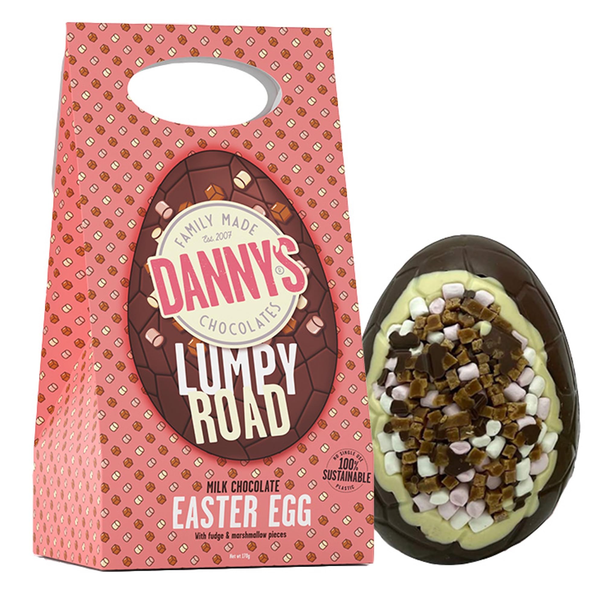 Danny'sChocolate Easter Egg - Lumpy Road Fudge and Marshmallows 170g - 41% Cacao Easter Egg Chocolate - for Kids - 100% Sustainable Zero Plastic Packaging