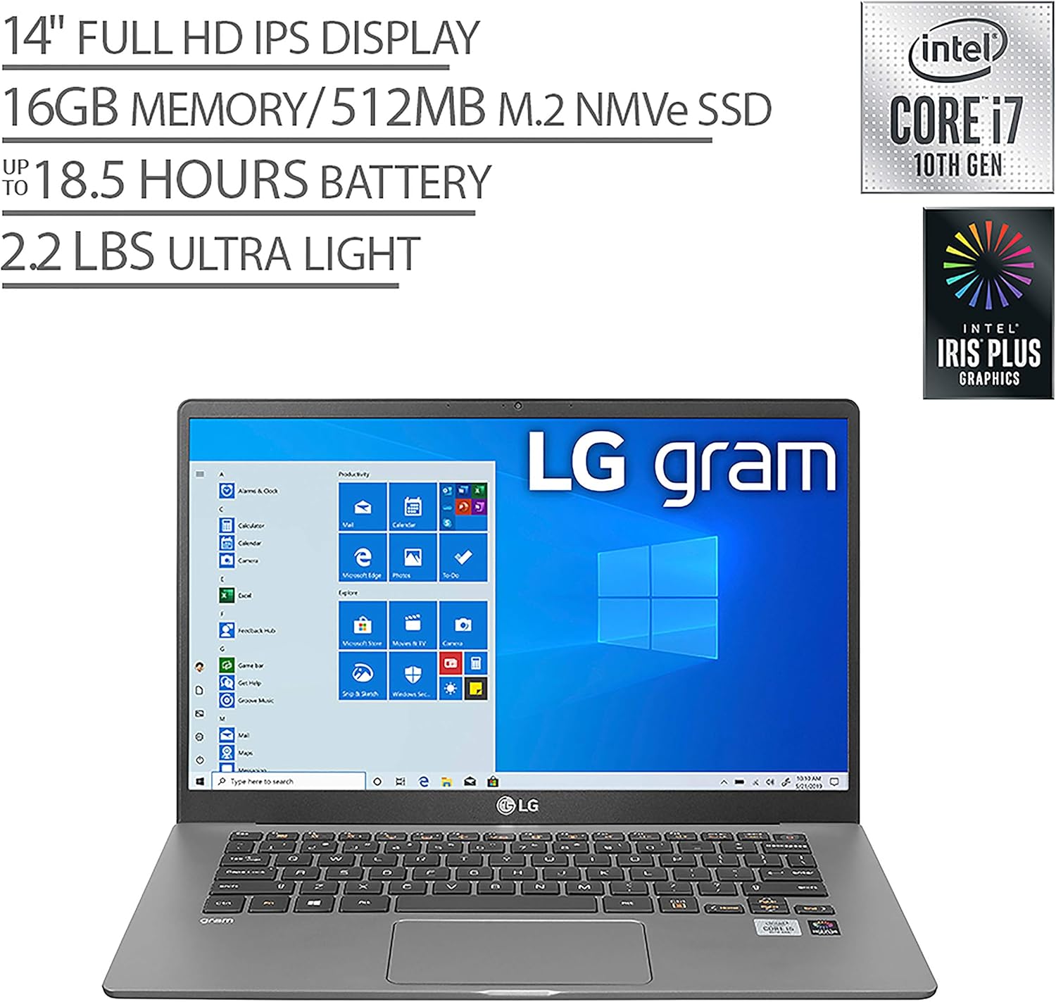 Super Big Clearance! LG Gram Laptop - 14 Full HD IPS Display, Intel 10th Gen Core i7-1065G7 CPU, 16GB RAM, 512GB M.2 MVMe SSD, Thunderbolt 3, 18.5 Hour Battery Life - 14Z90N (2020)