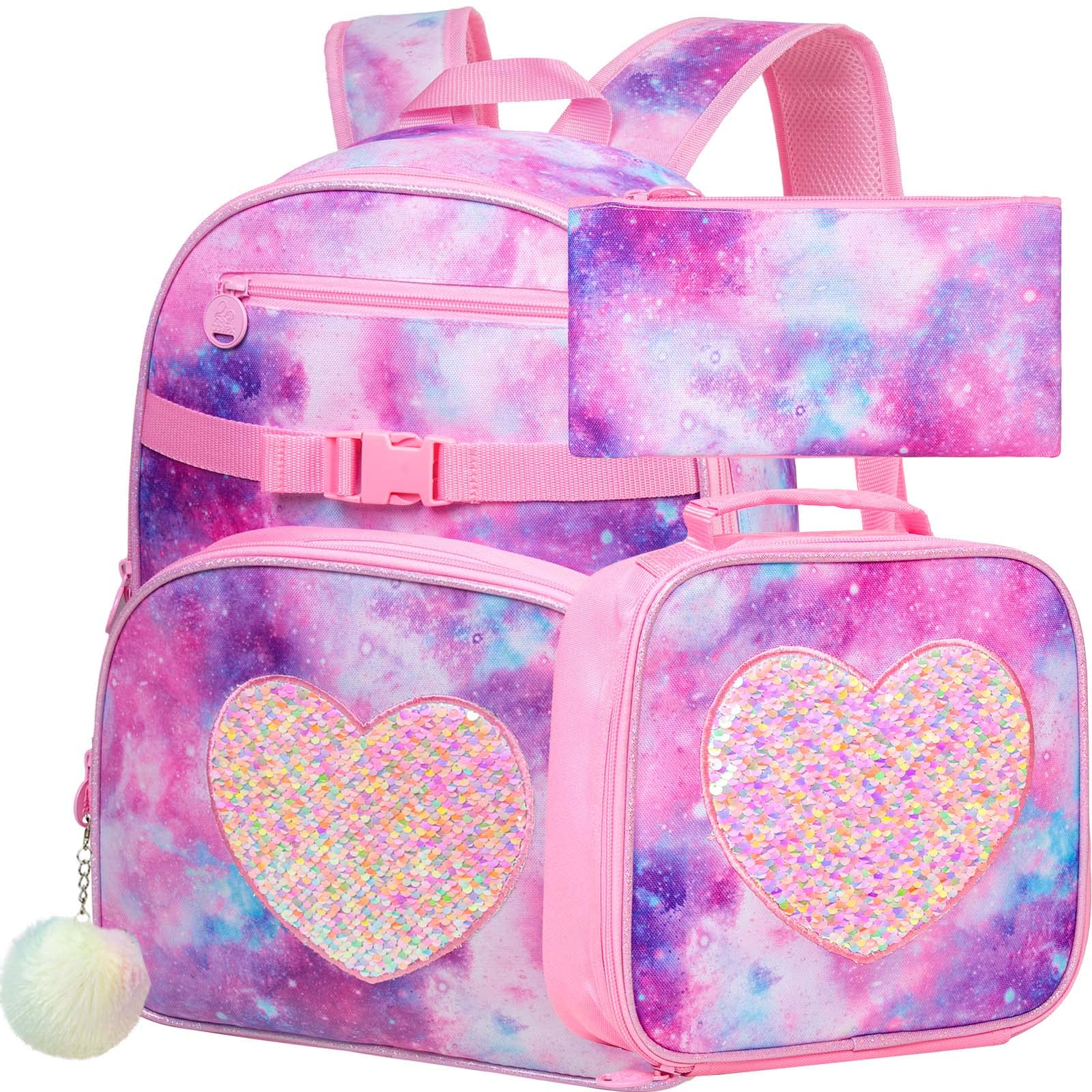 FTJCF 3PCS Girls Backpack, 16" Kids Sequins Tie-dye Bookbag with Lunch Box, Elementary Preschool Kindergarten School Bag Set - Purple
