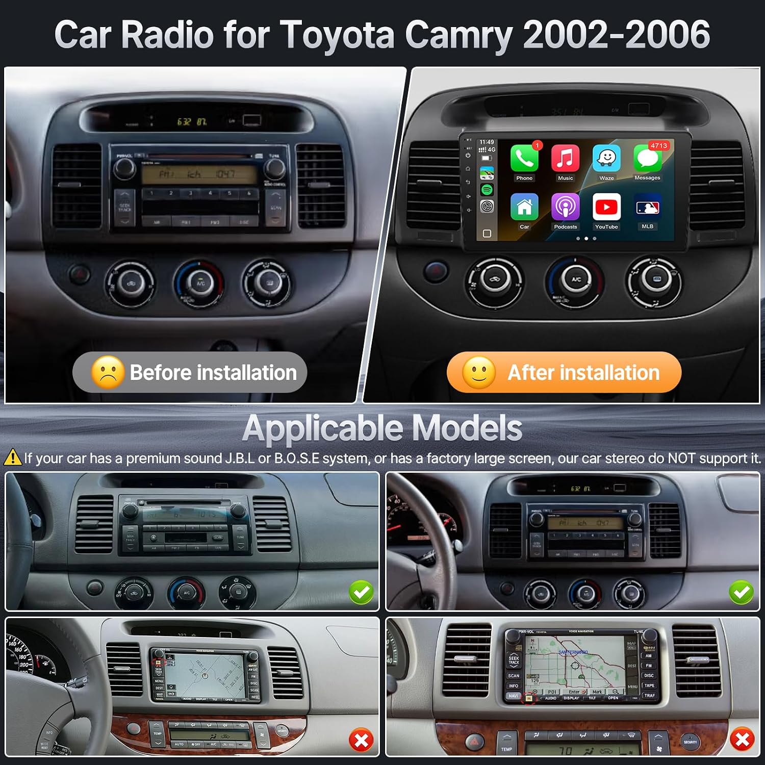 Leadfan Linux Car Radio Upgrade for Toyota Camry 2002 2003 2004 2005 2006(No J.B.L) Wireless CarPlay Android Auto Mirror Link, Fast Boot 9inch Touch Screen Camry Stereo Blueooth FM SWC+Backup Camera