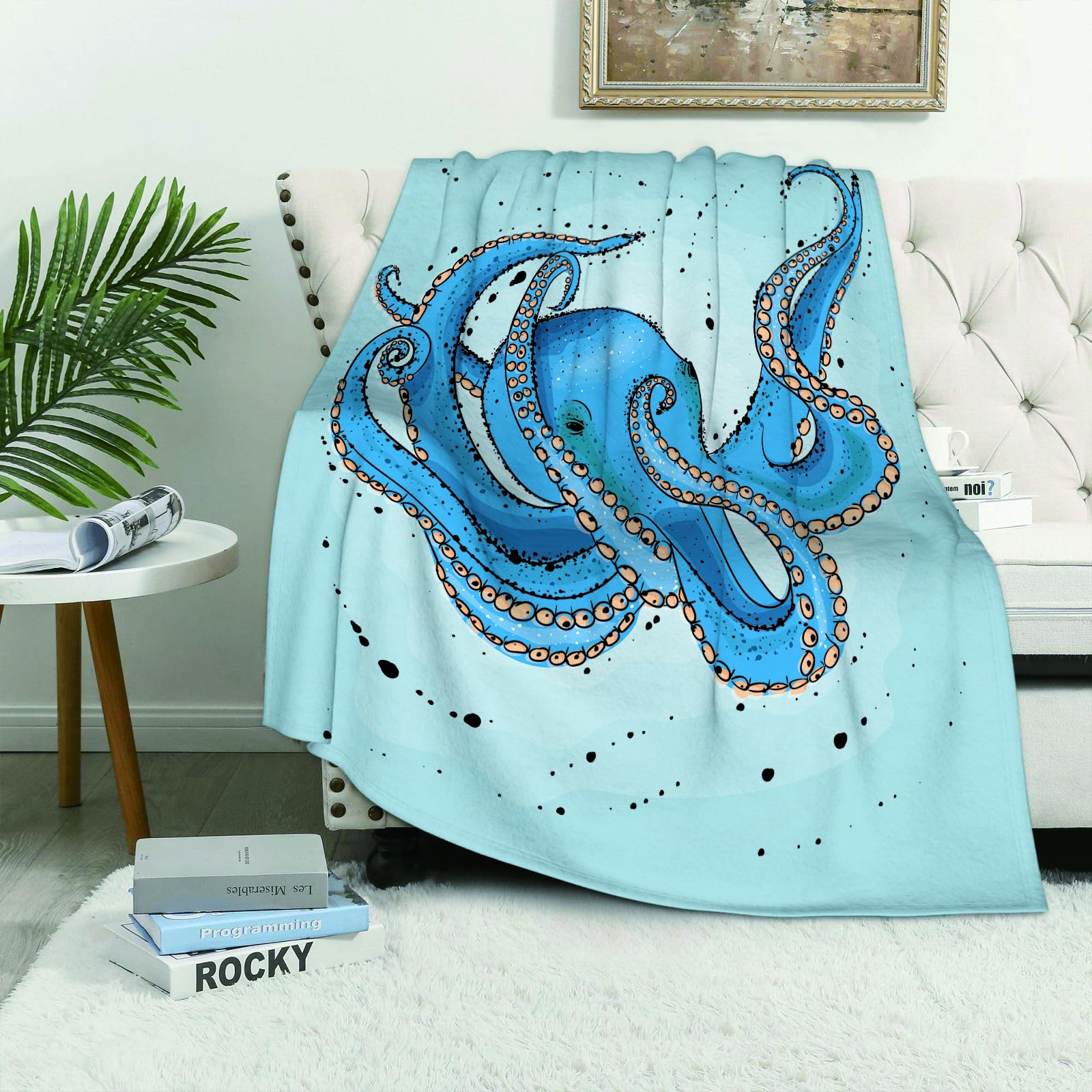 Maapchp Octopus. Hand Drawn Vector Illustration In W - A3 Flannel Fleece Blanket Throws For Sofa Fluffy Blanket Bed Throw For Bedroom Octopus. Hand Drawn Vector Illustration In Watercolor Style. Blanket For Bed, Couch,Car 60X80in