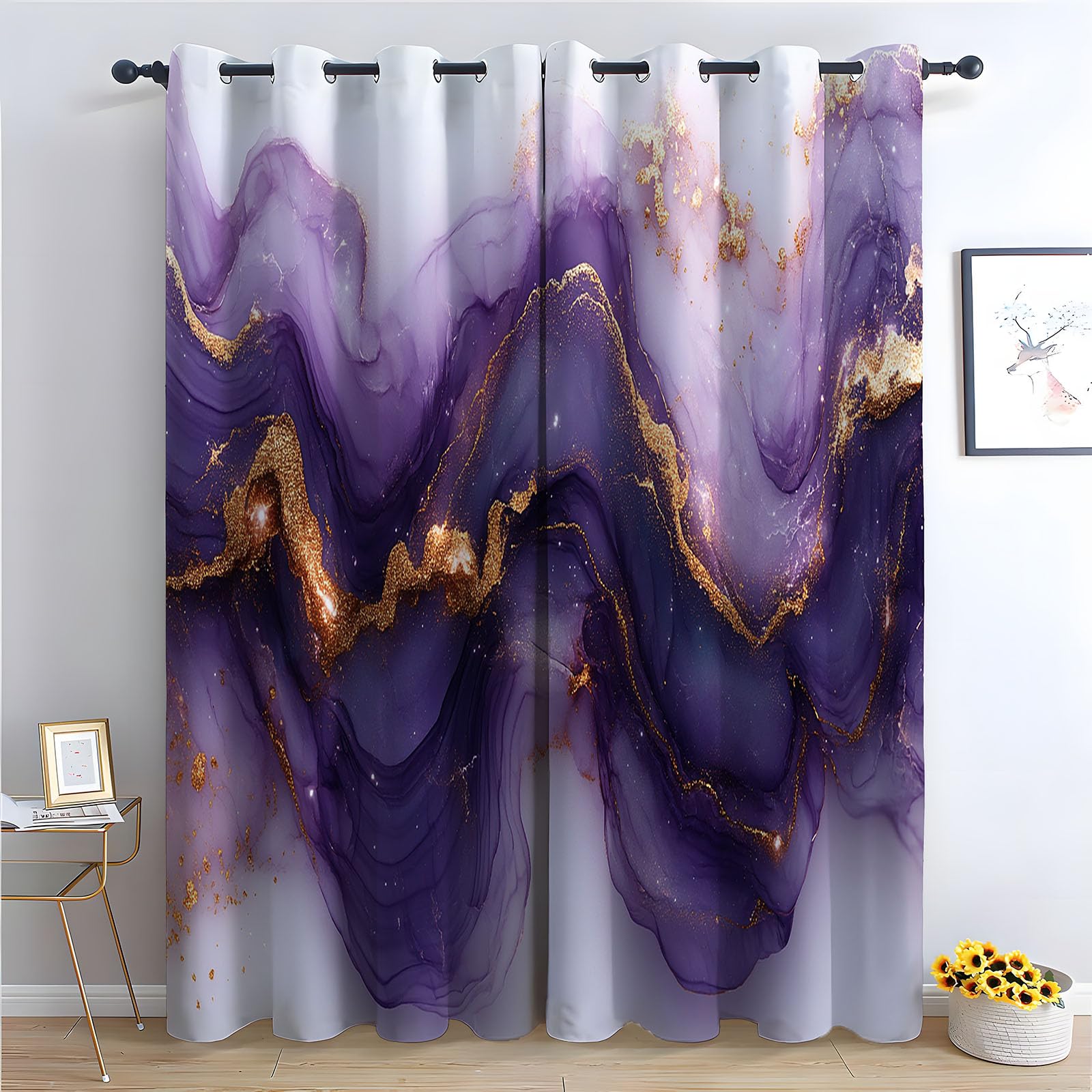 Verdunkelungsvorhänge Abstrakter, Luxuriöse purpurne Fließgold-Textur Moderne Kunstmalerei, Vorhang für Wohnzimmer, Schlafzimmer-H180 x B140 cm (2er Pack)