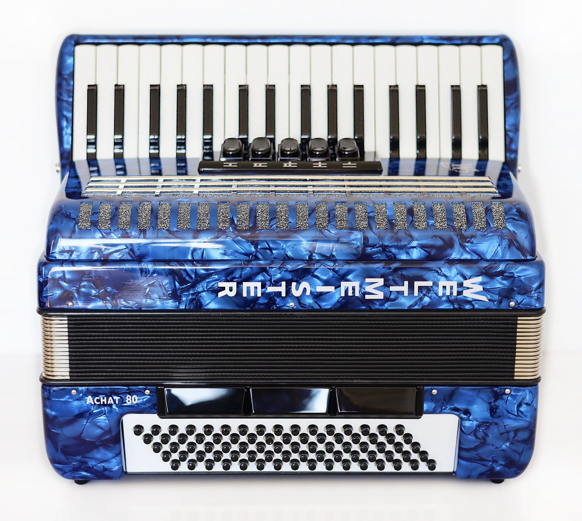 Generic New Weltmeister Achat 80 Piano Accordion made in Germany, 80 Bass buttons, Original New Straps and Case, Keyboard Accordian, Blue Pearloid, Quality Musical Instrument