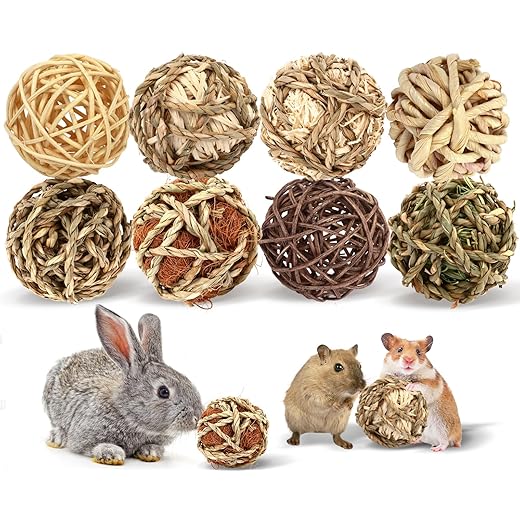 VESPRO Bunny Chew Grass Balls, (8 Pcs) Rolling Chew Toys for Small Animals, Natural Chew Grass Toys and Bunny Treats for Rabbits, Guinea Pigs, Chinchillas, Hamsters, Mice Teeth Grinding