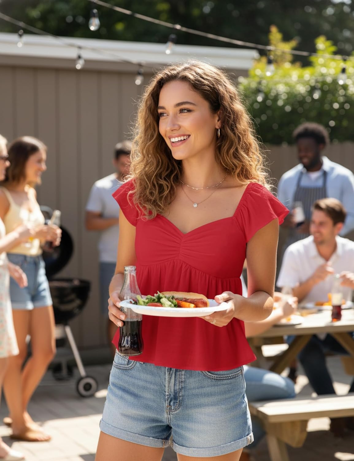 Womens Flowy Peplum Tank Tops Ruffle Sleeve Babydoll Tank Top Sweetheart Neck Smocked Back Short Sleeve Going Out Top - Image 3