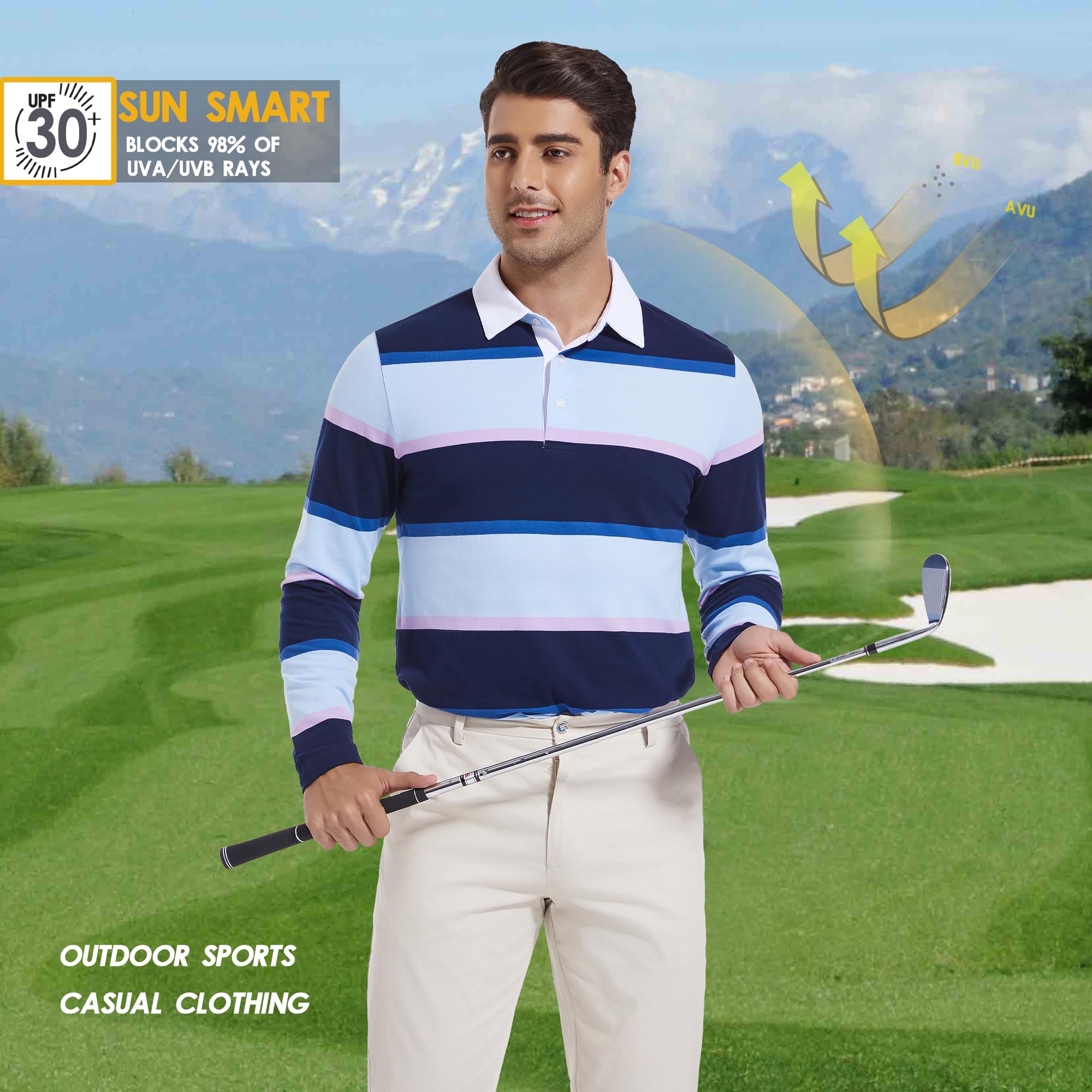 Herren-Polo-Shirt, langärmelig, gestreift, trockene Passform, lässiger Kragen, Piqué-Golf-Poloshirts für Herren