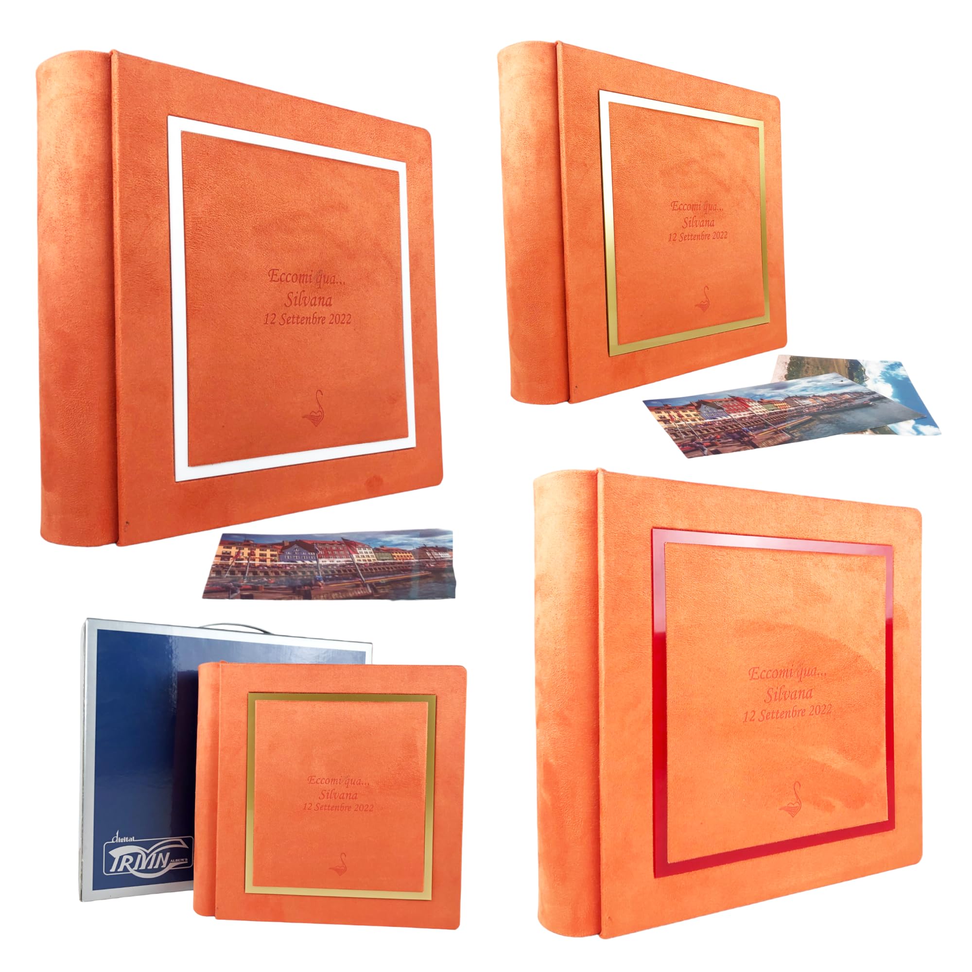 Album Fotografico Artigianale Elegante in Tessuto Alcantara, Personalizzabile con Incisione. Ideale per Matrimonio, Anniversario, Comunione, Battesimo, Tutti gli eventi (Arancio)