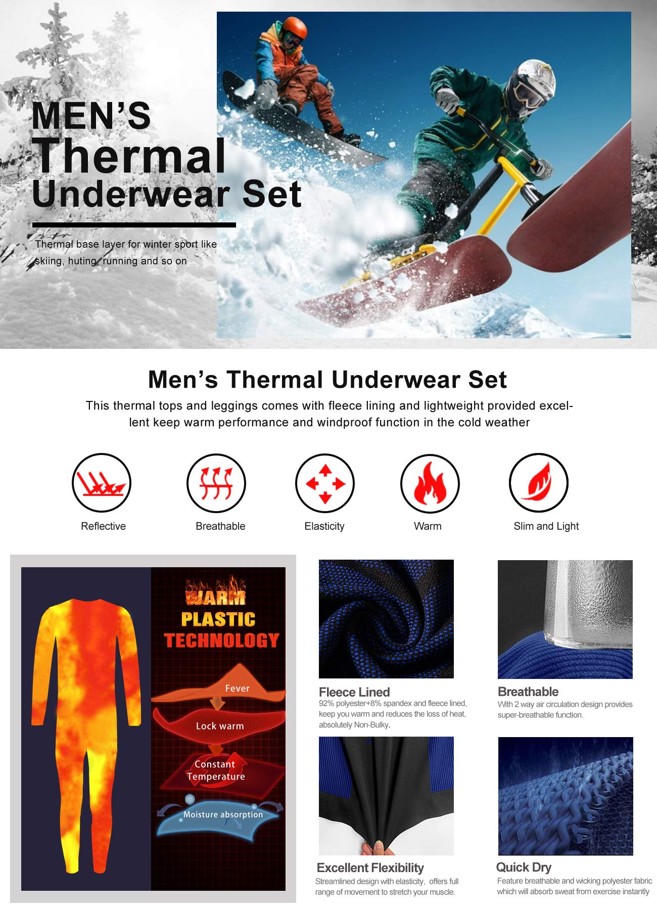 MEETYOO Biancheria Intima Termica Uomo, Intimo Termico Invernale Maglia Termici Pantaloni Base Layer per Sci Corsa Ciclismo