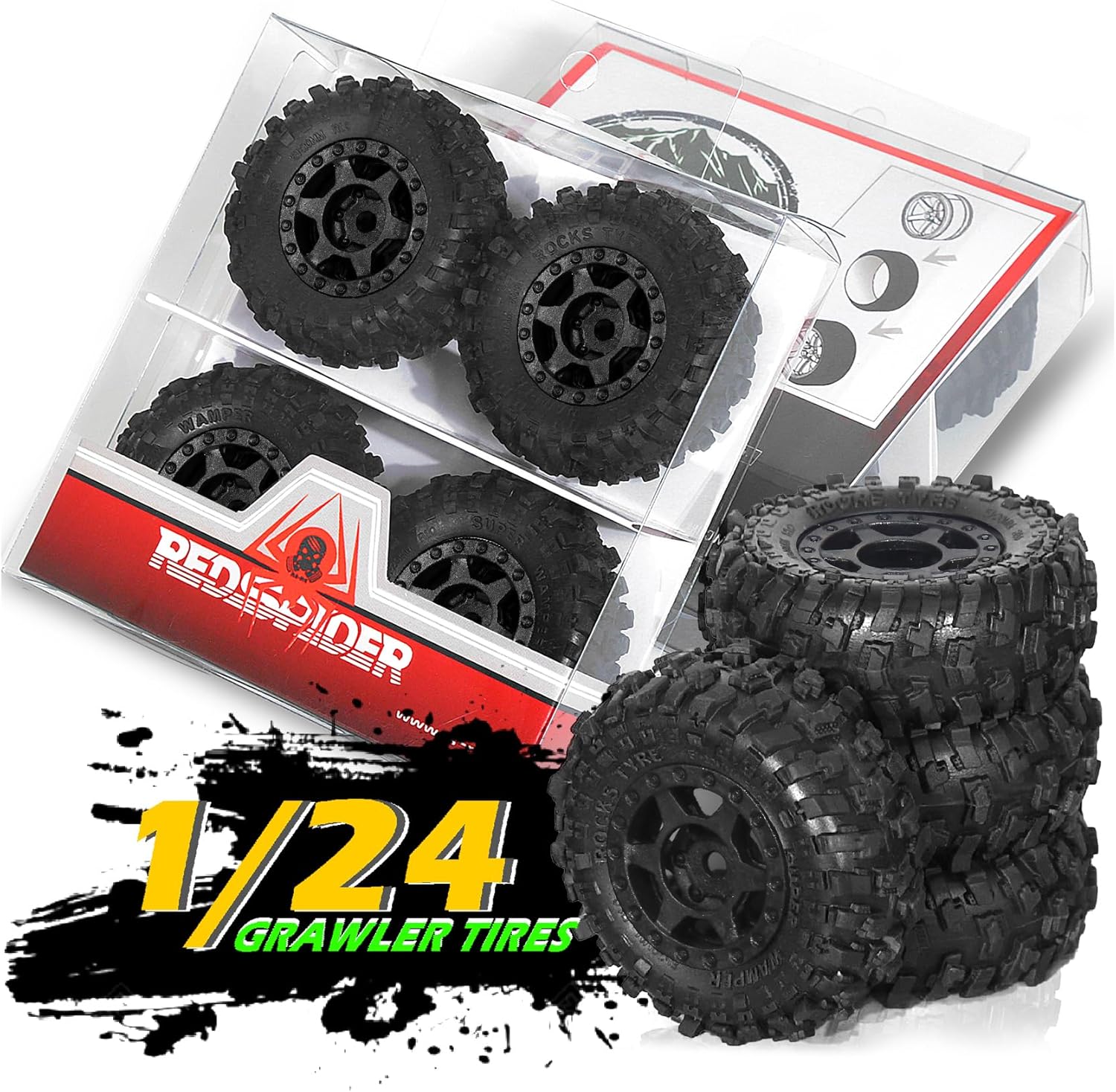 REDSPIDER 1.0 Beadlock Wheels and Tires Set（4pcs） 1.0 Crawler Tires 51 * 20mm Plastics 1.0 Wheel Lightweight Design 1/18 1/24 RC Crawler Tires for SCX24 TRX4M FMS FCX24 FCX18 AX24 (at Tires)