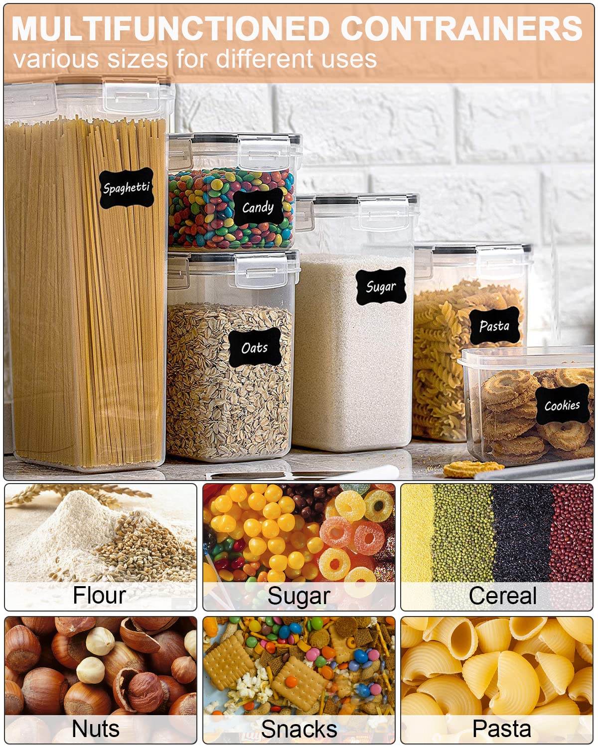 Contenitori Ermetici per Alimenti set 25 Pezzi, Contenitori Plastica Cucina con Coperchio,Spazzole，Etichette e cucchiai，Barattoli Ermetici per Cereali,Muesli,Pasta，Senza BPA（2.8L 2L 1.4L 0.8L）