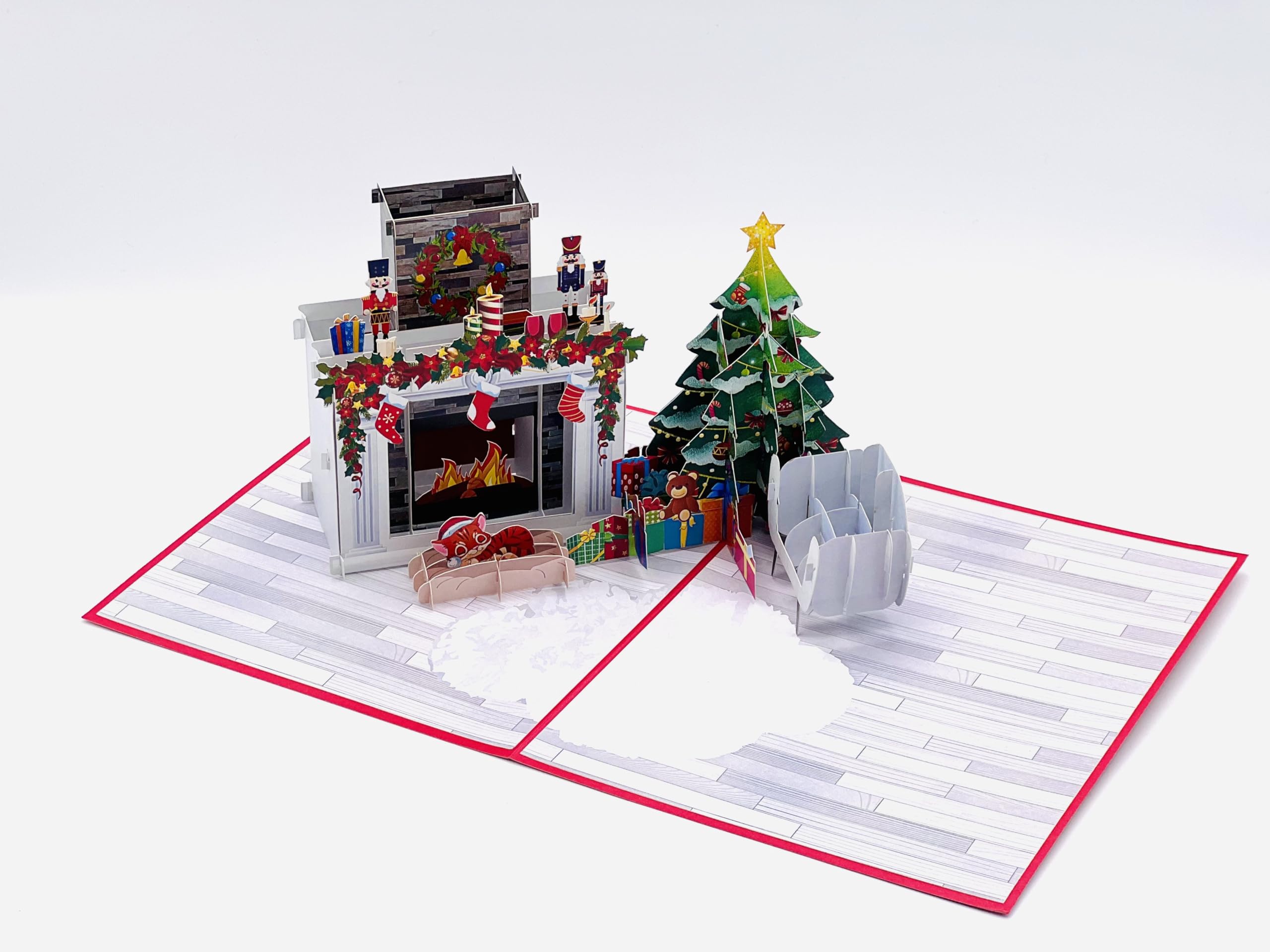 Modern Christmas Fireplace Pop Up Card, 3D Living Room Atmosphere with Tree, Presents, and Armchair - Image 4
