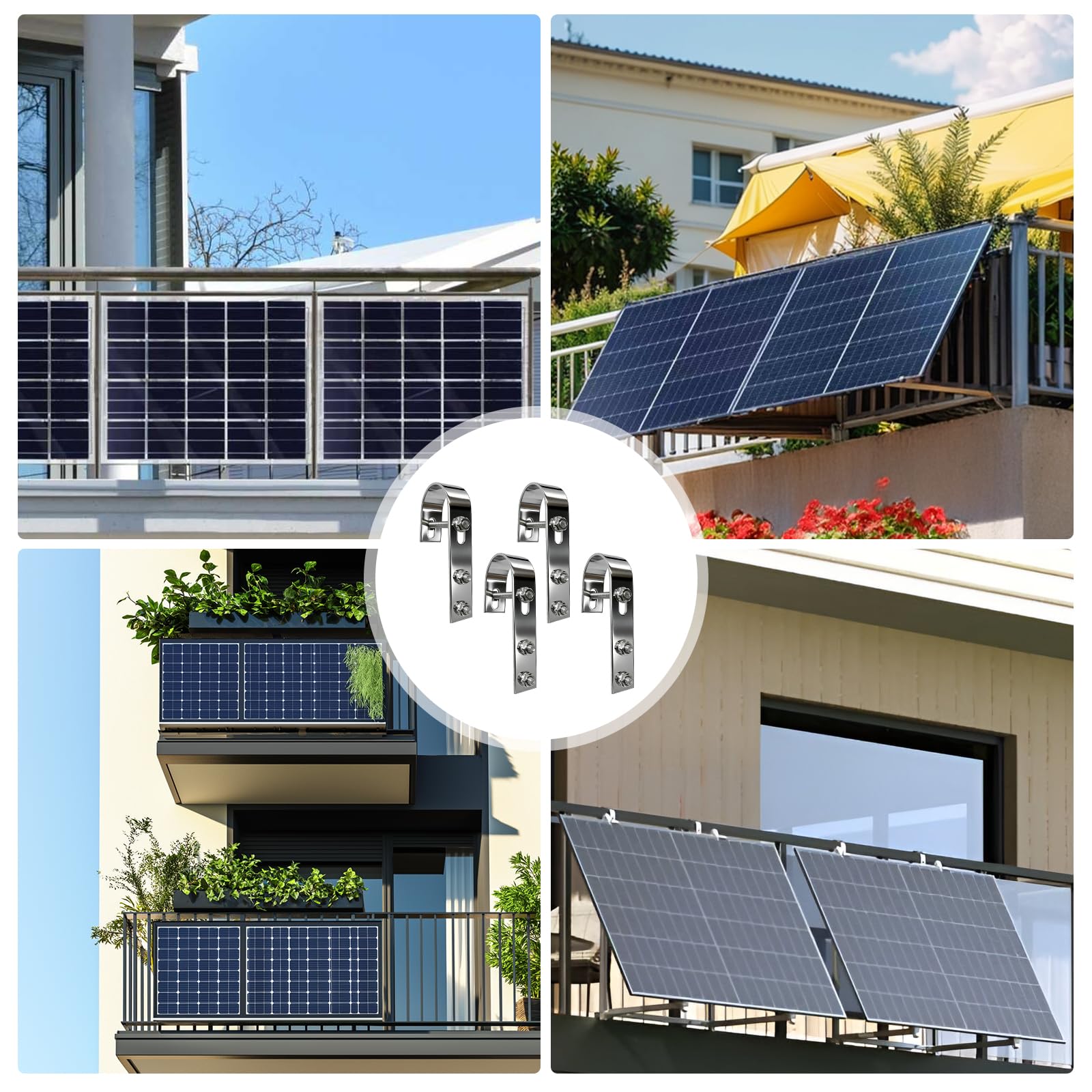 Crochets de Fixation pour Panneaux Solaires 4 Pièces, Fixation pour Panneau Solaire Crochets en Acier Inoxydable 304, Support Module PV pour Balcon, Garde-Corps, Toit Plat, Argent