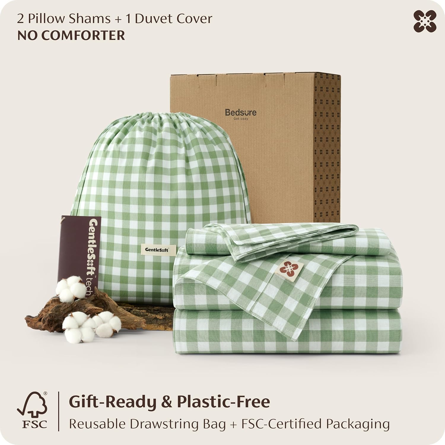 Bedsure Gingham Duvet Cover Queen, 100% Washed Cotton Duvet Cover Linen‑Like, PureWoven with Reversible Yarn‑Dyed Design & Double‑Stitch Craft, 3-Piece with Zipper, Gingham Willow Green, 90"x90"