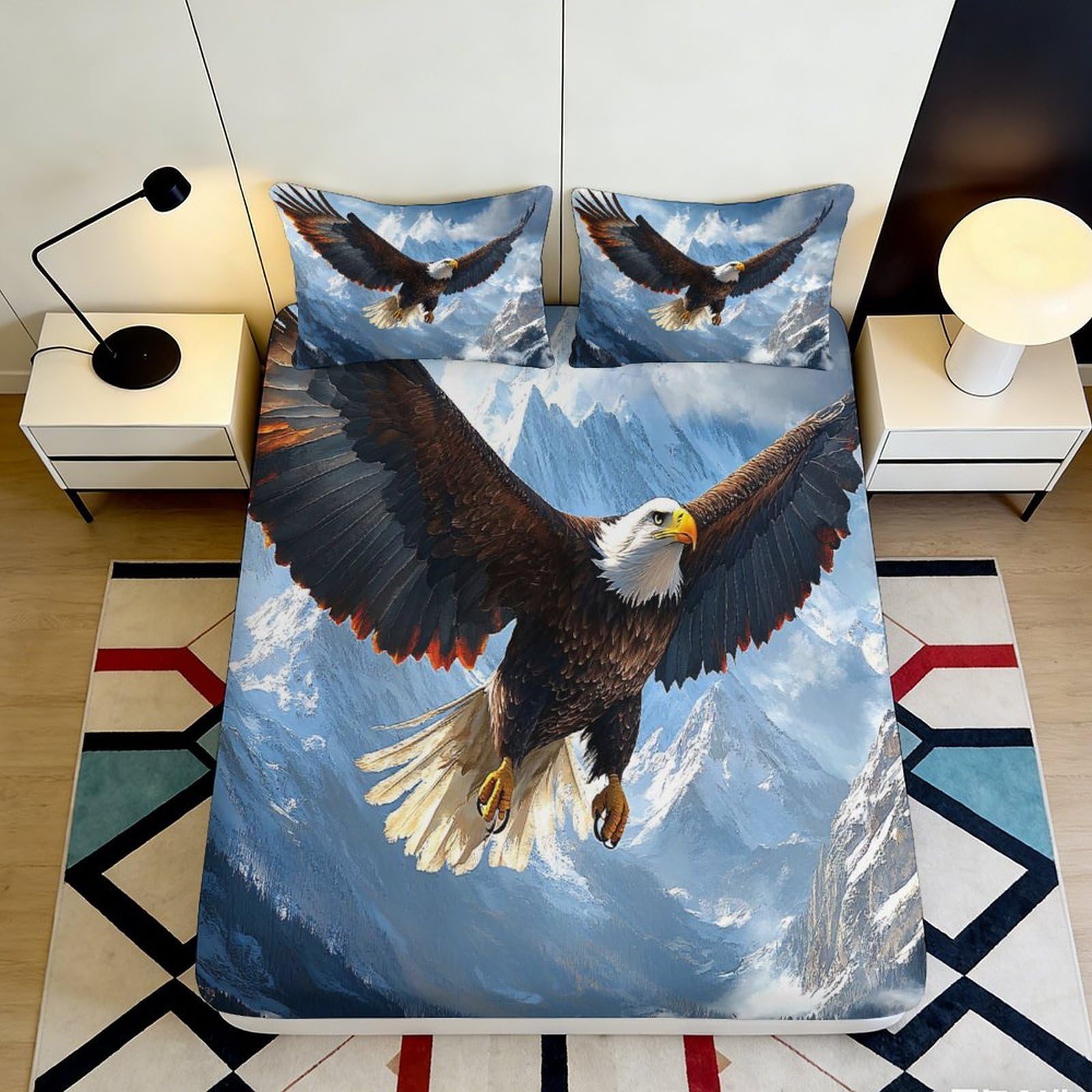 3D Printed Bald Eagle Fitted Sheet Microfiber Soft Mountain Landscape Bed Cover Anti-Slip Machine Washable Decor 90x200x25cm