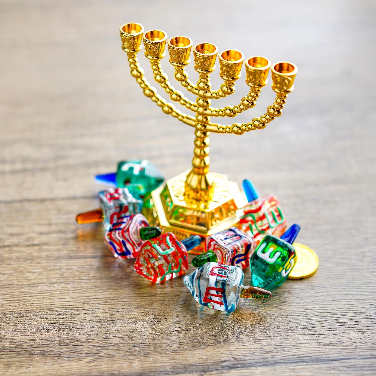 HDCRYSTALGIFTS Set 4 Blown Glass Tradition Hanukkah Dreidel Figurine Ornament 1.5'' Art Glass Classic Dreidel Paperweight Collectibles Jewish Hanukkah Gift