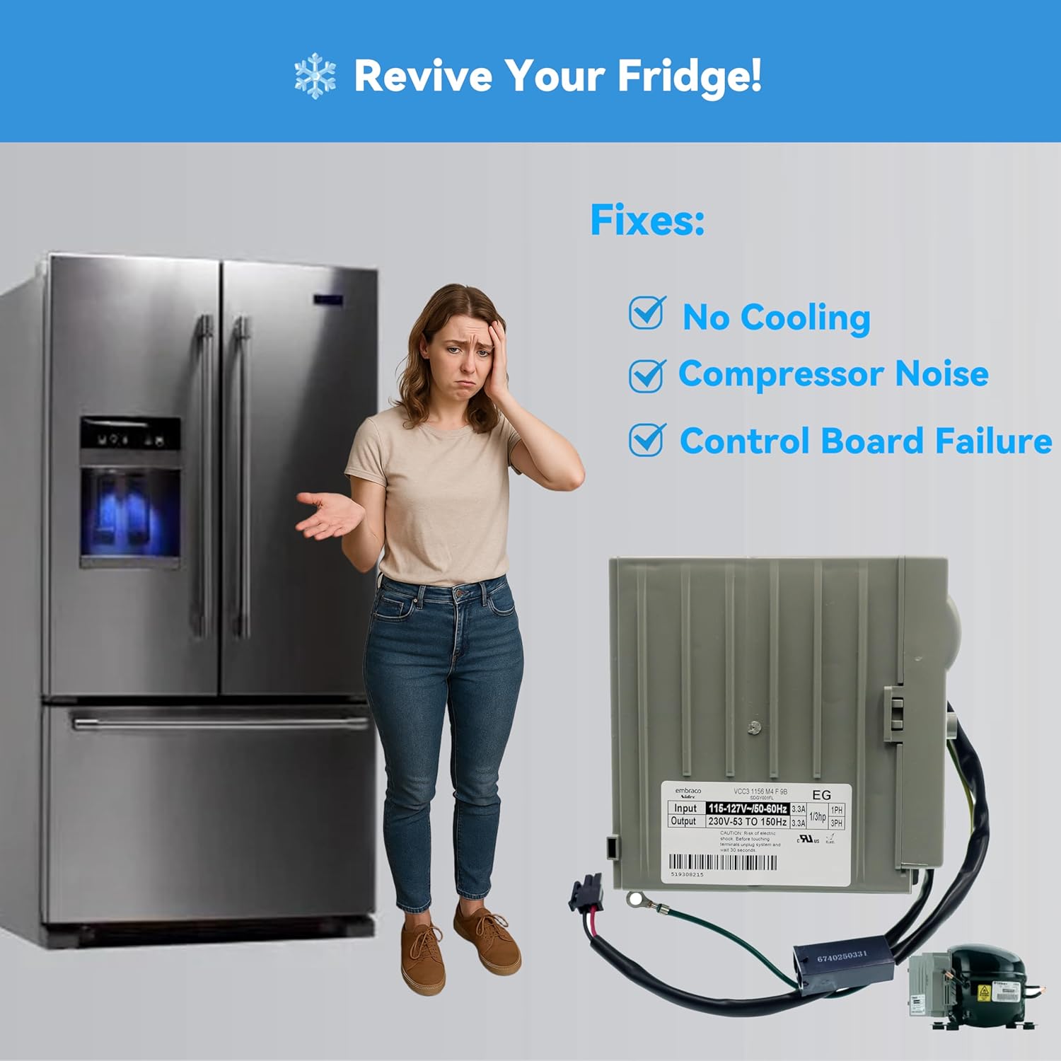 Upgraded Refrigerator Inverter Control Board VCC3 1156 M4 F 9B Replaces W10710090, W10154805, W10893917, WR55X10490 for Major Refrigerator Brands, 3.3A Output, Latest Manufacturing, 3 Year Warranty