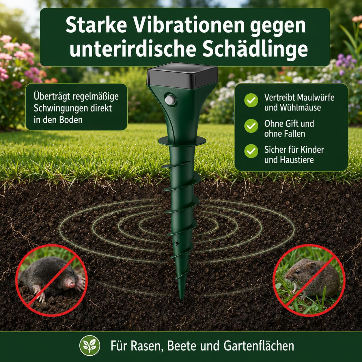 Dissuasore per talpe, a energia solare, con ultrasuoni, vibrazione e frequenza di cambio automatica, impermeabile IP65, contro talpe e arvicole, per giardino e esterni, confezione da 4 pezzi